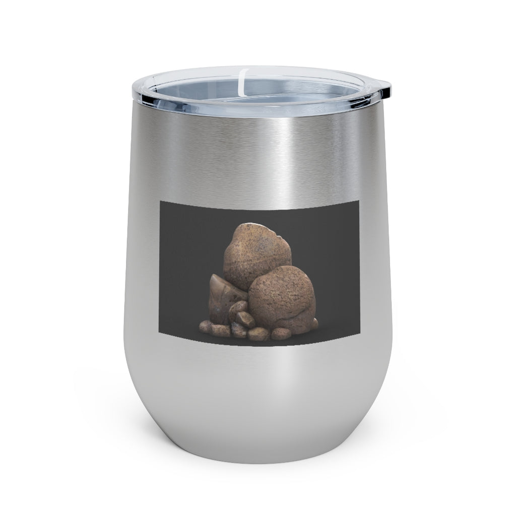 Rocks 12oz Insulated Wine Tumbler in stainless steel with clear plastic lid, showcasing a stylish design.