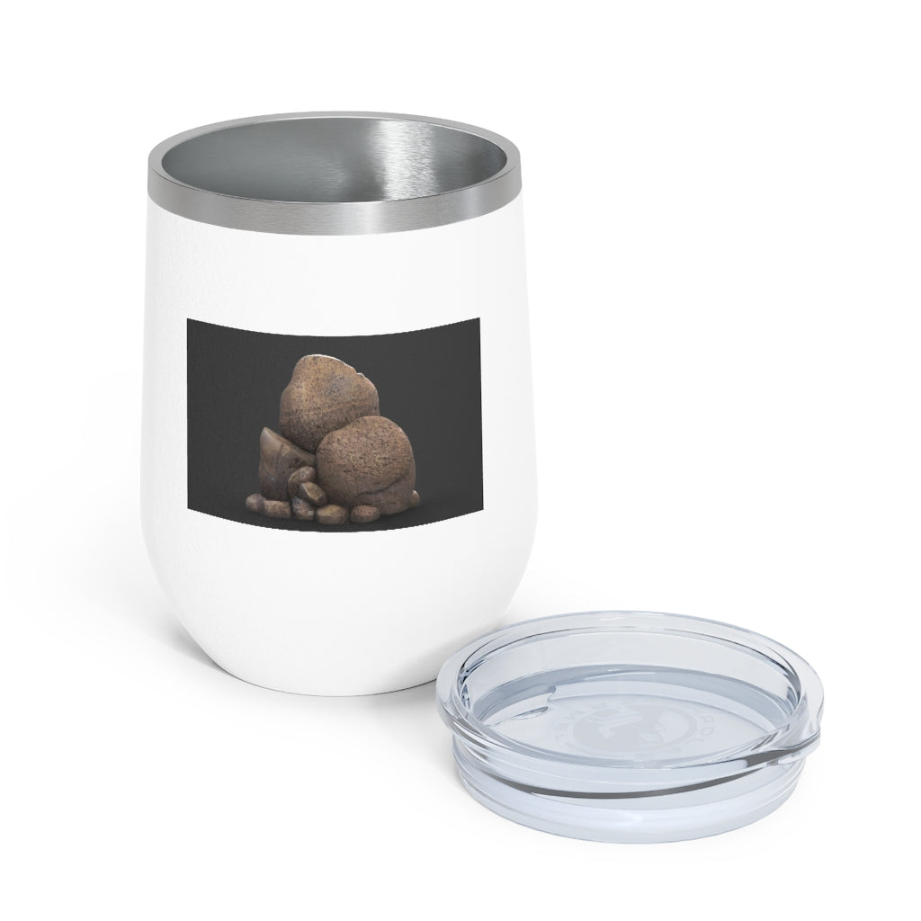 Rocks 12oz Insulated Wine Tumbler in stainless steel with clear plastic lid, showcasing a stylish design.