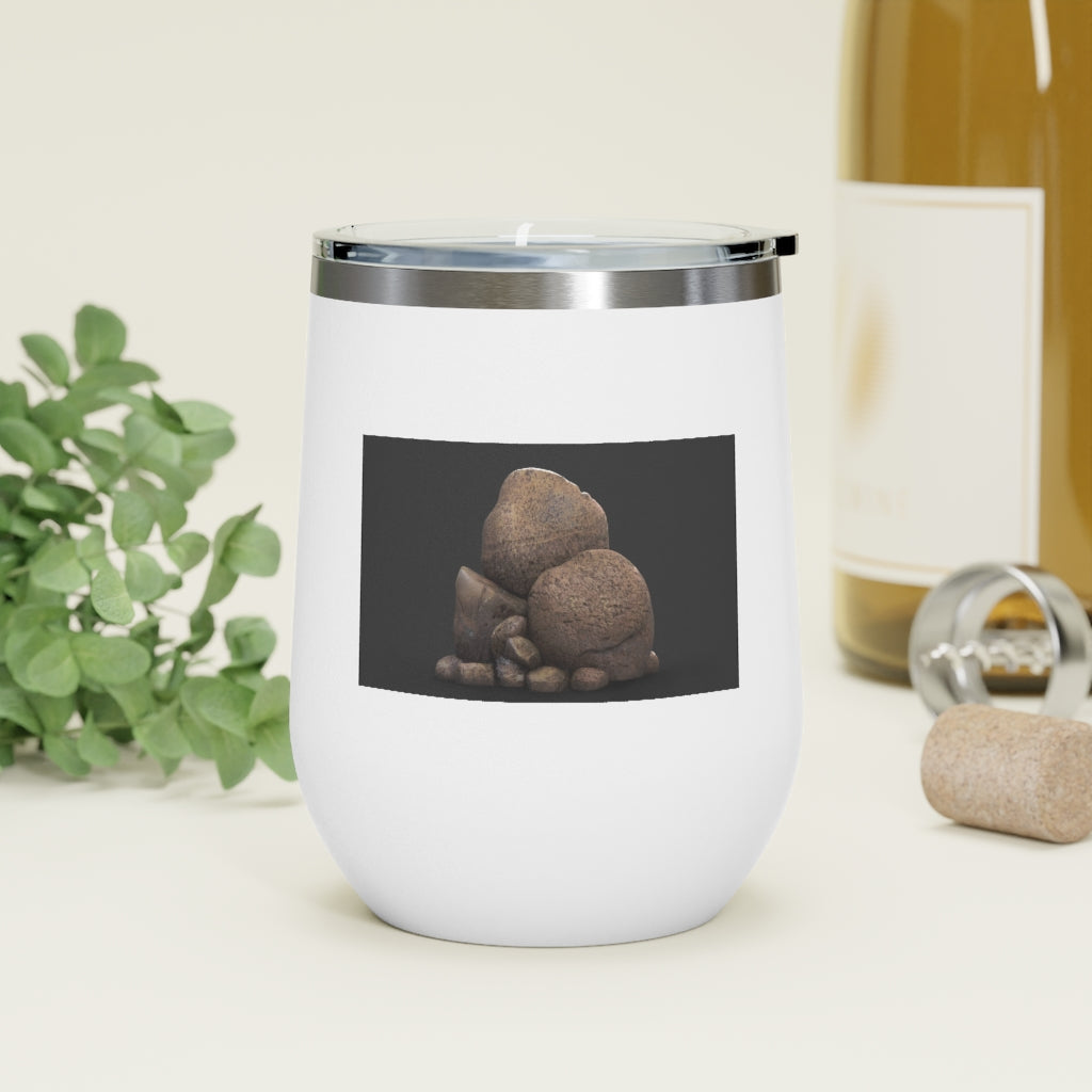 Rocks 12oz Insulated Wine Tumbler in stainless steel with clear plastic lid, showcasing a stylish design.