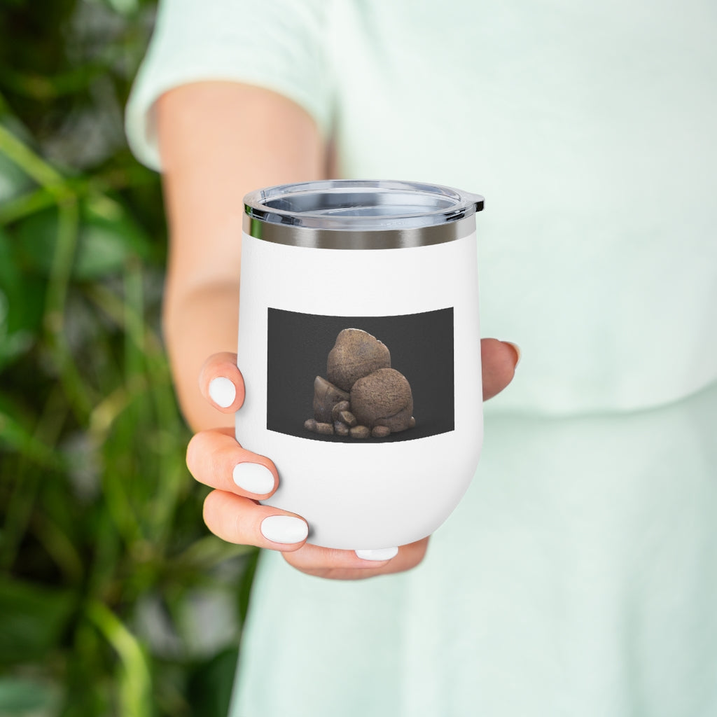 Rocks 12oz Insulated Wine Tumbler in stainless steel with clear plastic lid, showcasing a stylish design.