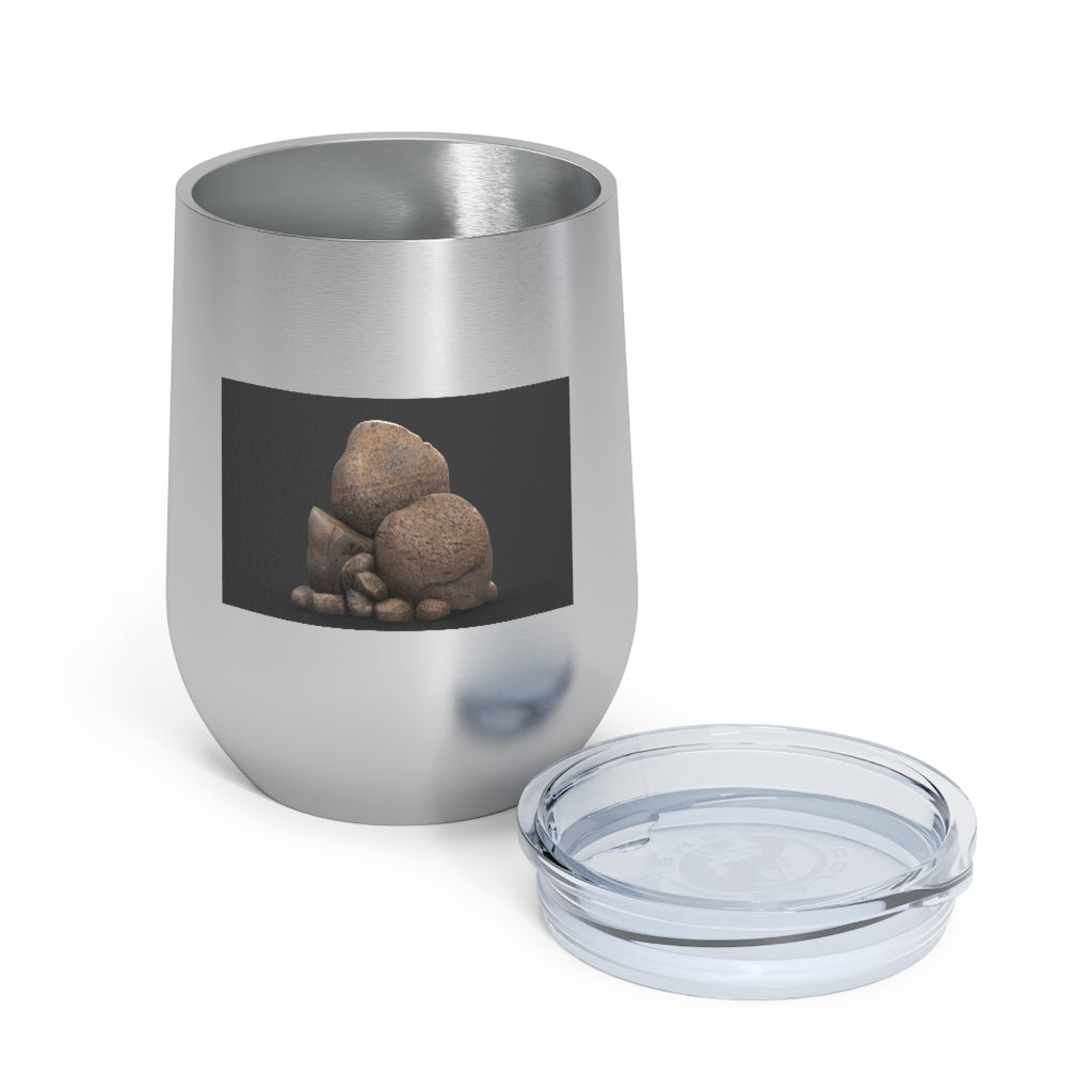 Rocks 12oz Insulated Wine Tumbler in stainless steel with clear plastic lid, showcasing a stylish design.