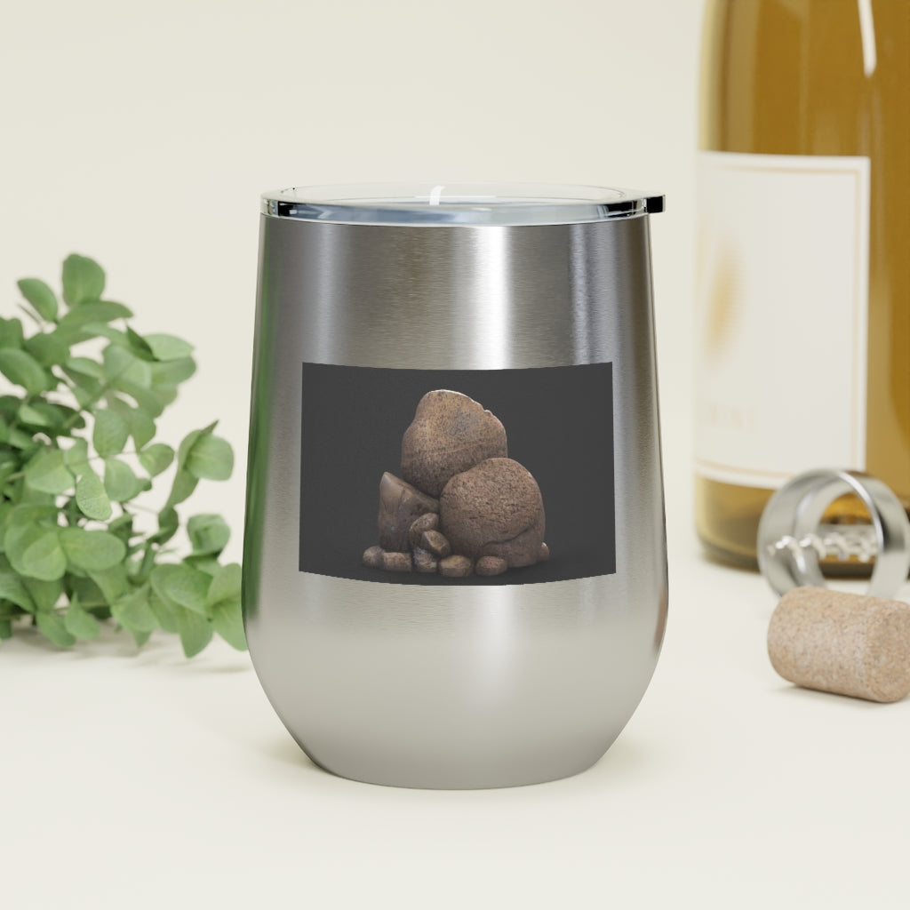 Rocks 12oz Insulated Wine Tumbler in stainless steel with clear plastic lid, showcasing a stylish design.