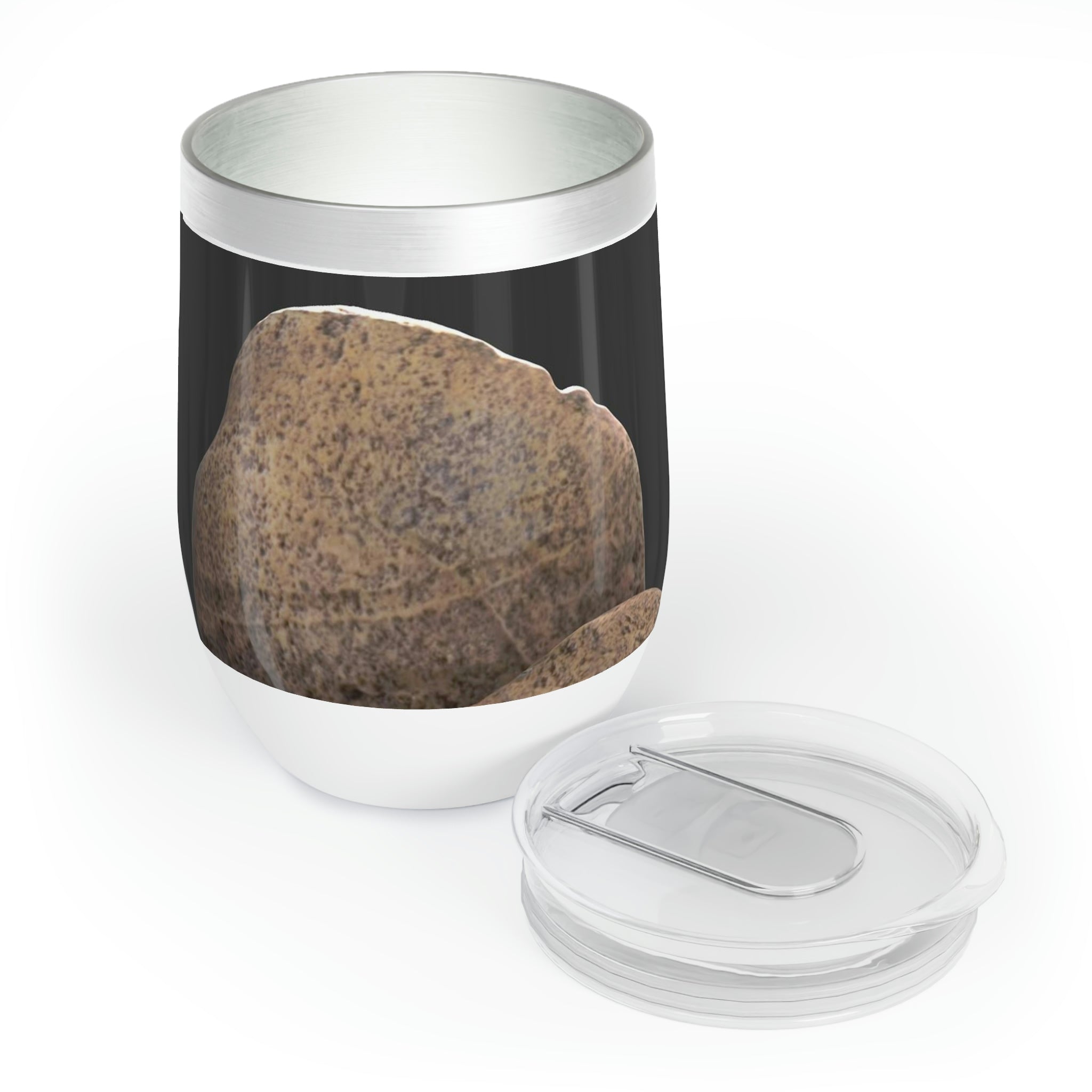 Rocks Chill Wine Tumbler in stainless steel with a sleek design, showcasing its double-insulated walls and stemless structure.