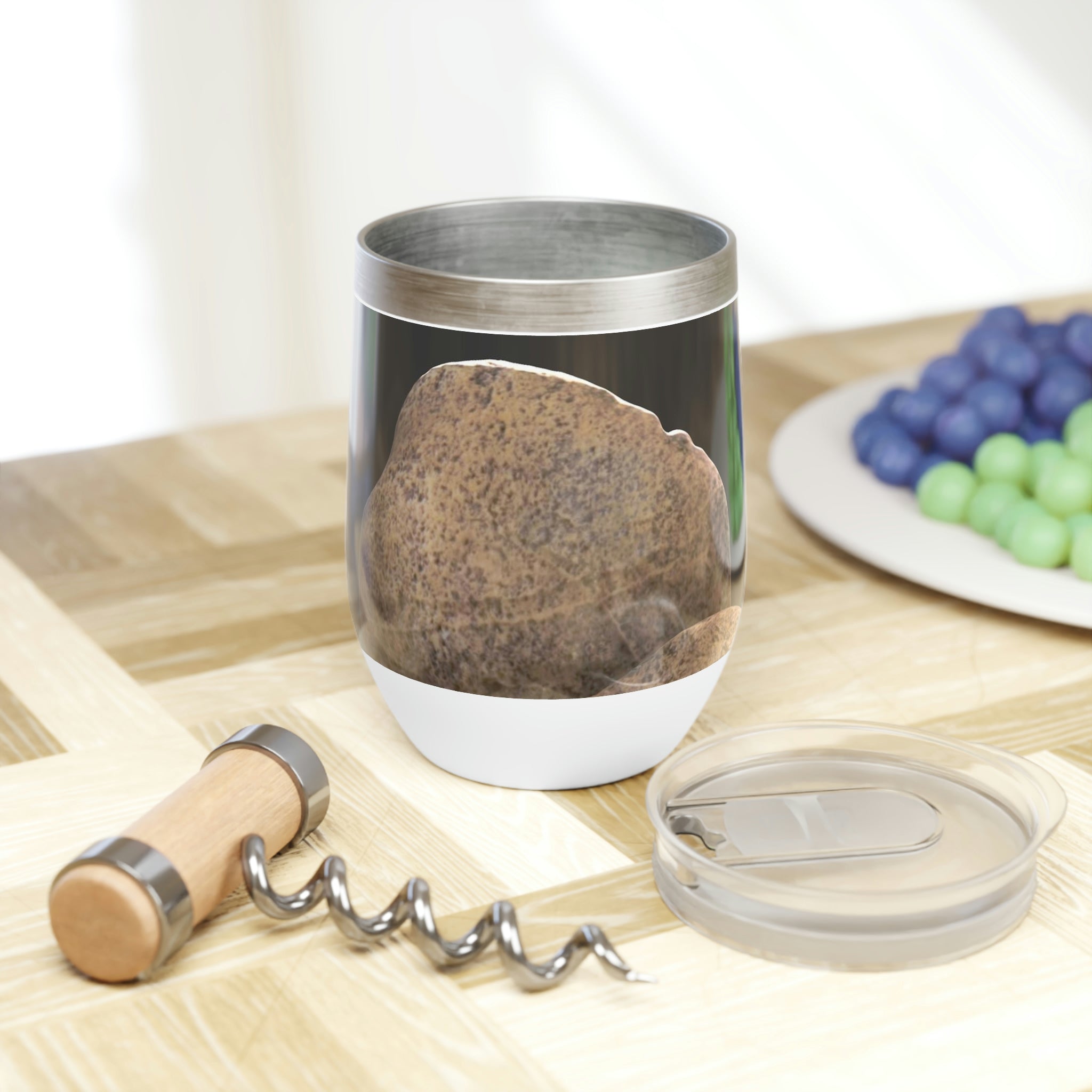 Rocks Chill Wine Tumbler in stainless steel with a sleek design, showcasing its double-insulated walls and stemless structure.