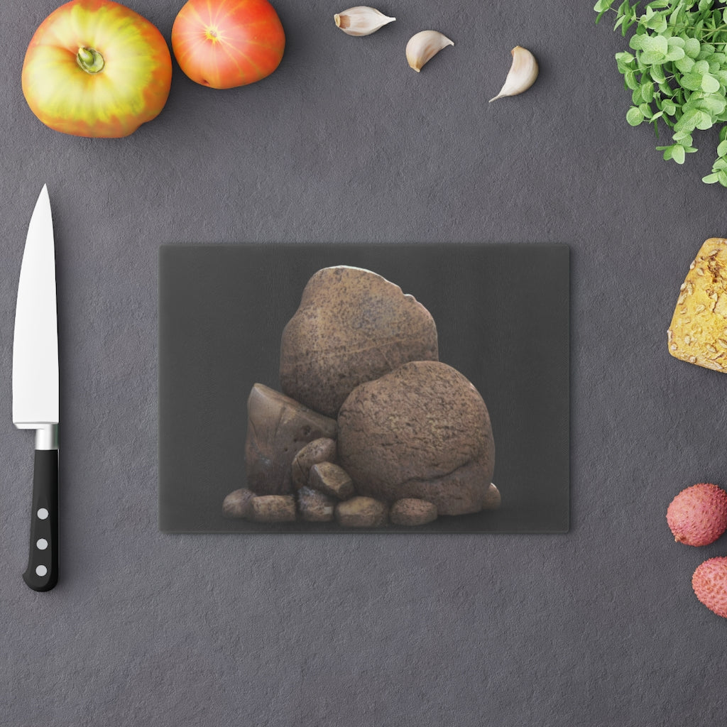 Rocks Cutting Board made of tempered glass with rubber dots for stability, showcasing a stylish design.