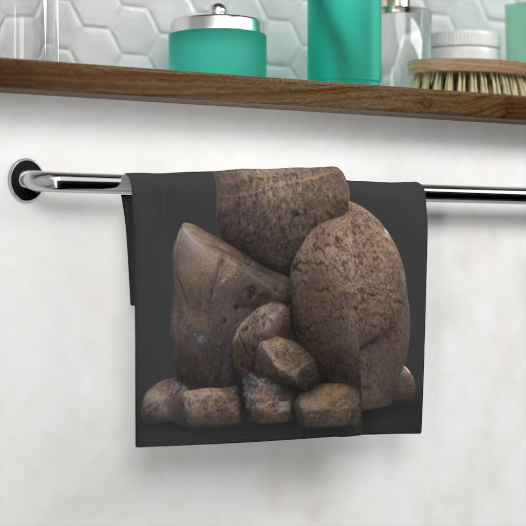 Rocks Face Towel featuring a customizable polyester front and soft cotton back, ideal for bathroom use.