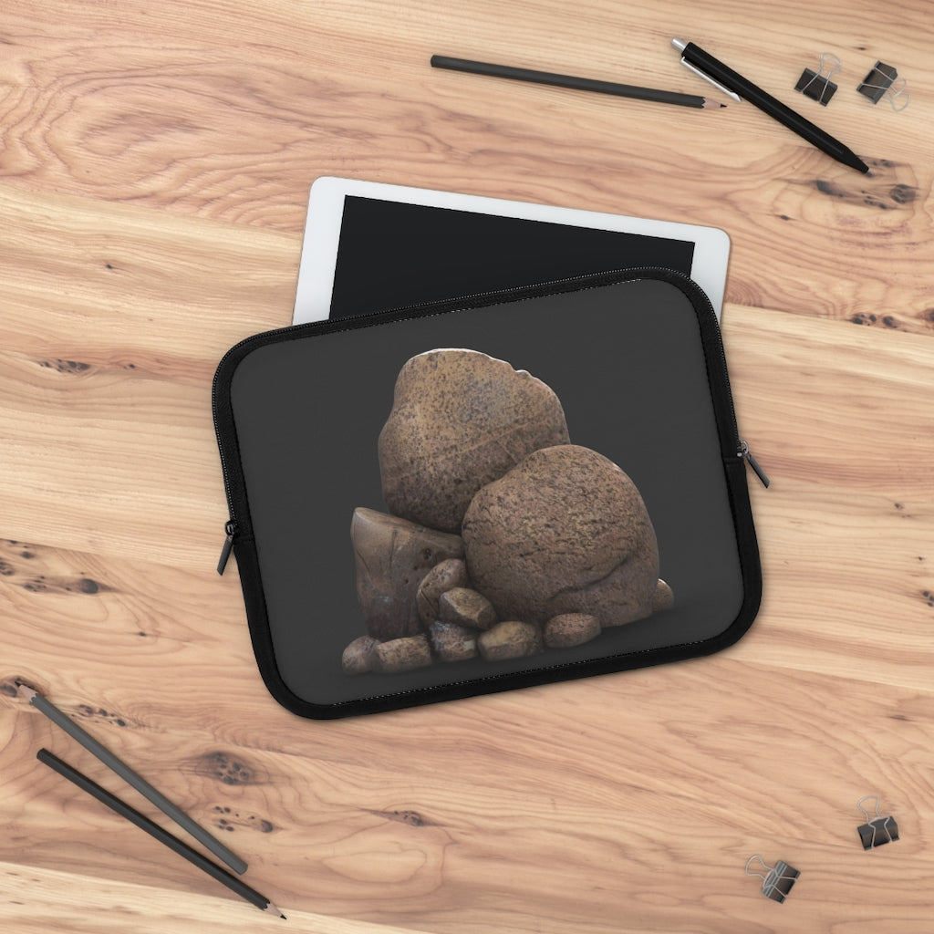 Rocks Laptop Sleeve featuring a customizable front design and solid black back, made from smooth neoprene material.