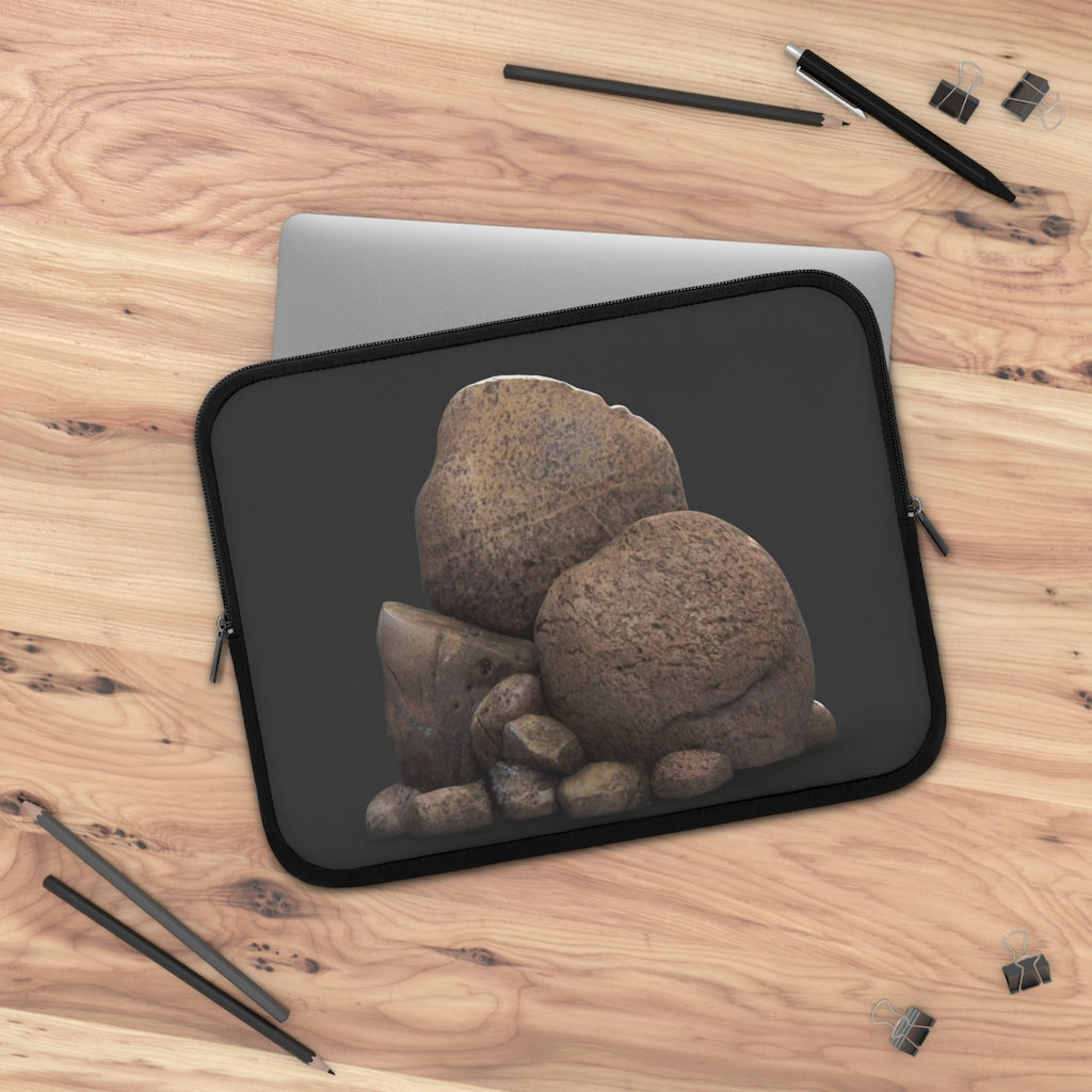 Rocks Laptop Sleeve featuring a customizable front design and solid black back, made from smooth neoprene material.