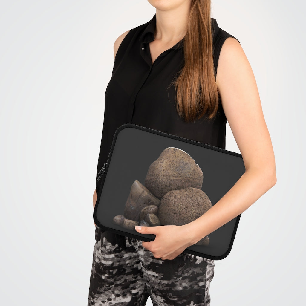 Rocks Laptop Sleeve featuring a customizable front design and solid black back, made from smooth neoprene material.