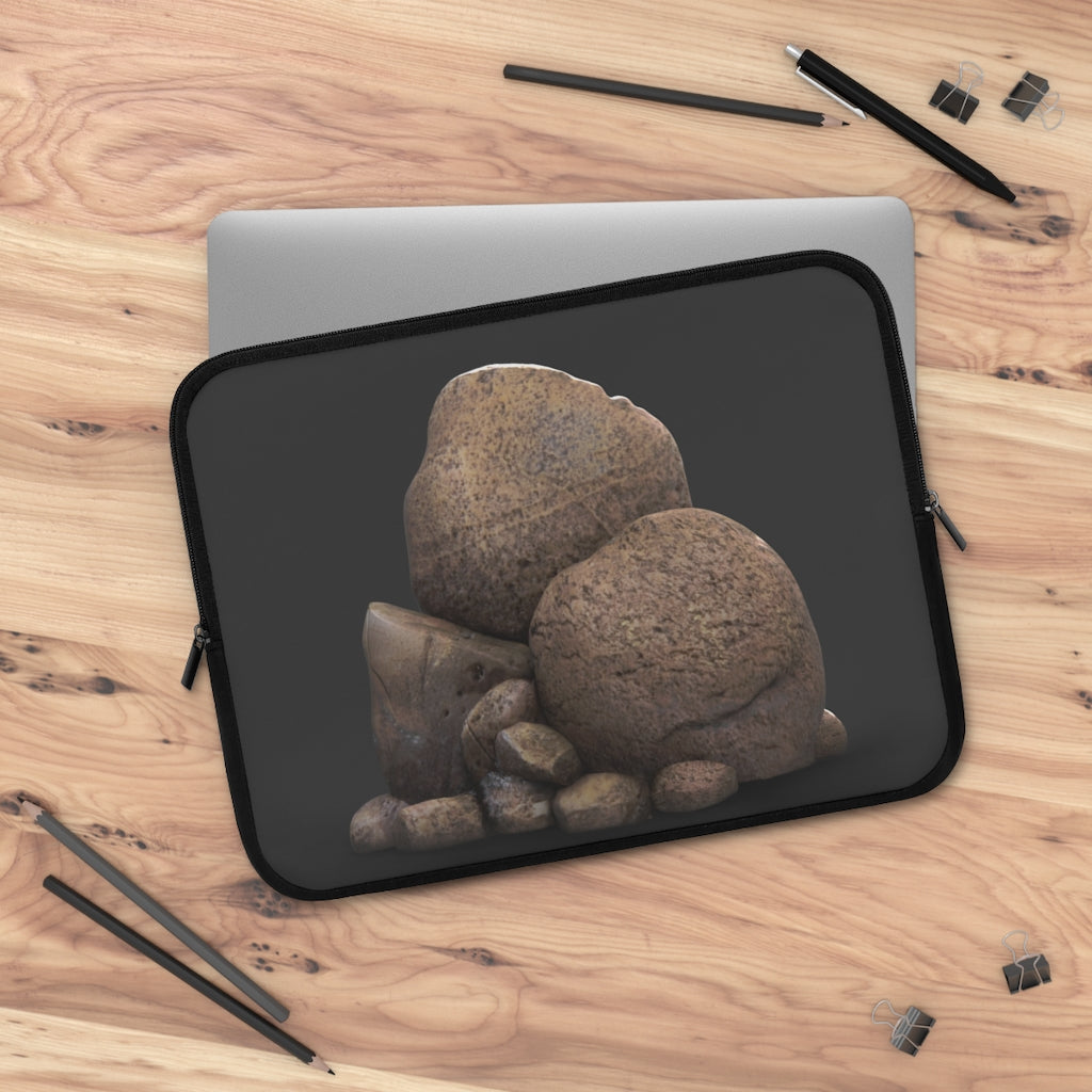 Rocks Laptop Sleeve featuring a customizable front design and solid black back, made from smooth neoprene material.