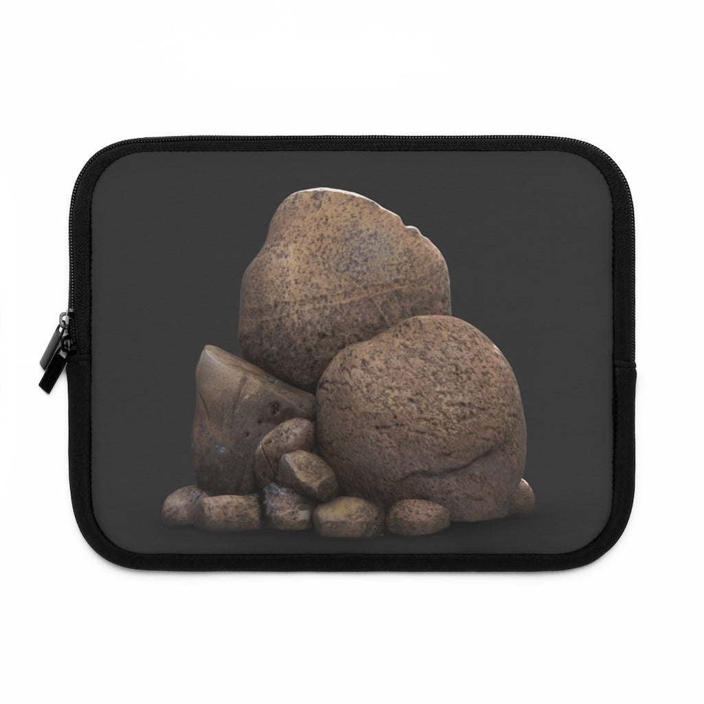 Rocks Laptop Sleeve featuring a customizable front design and solid black back, made from smooth neoprene material.