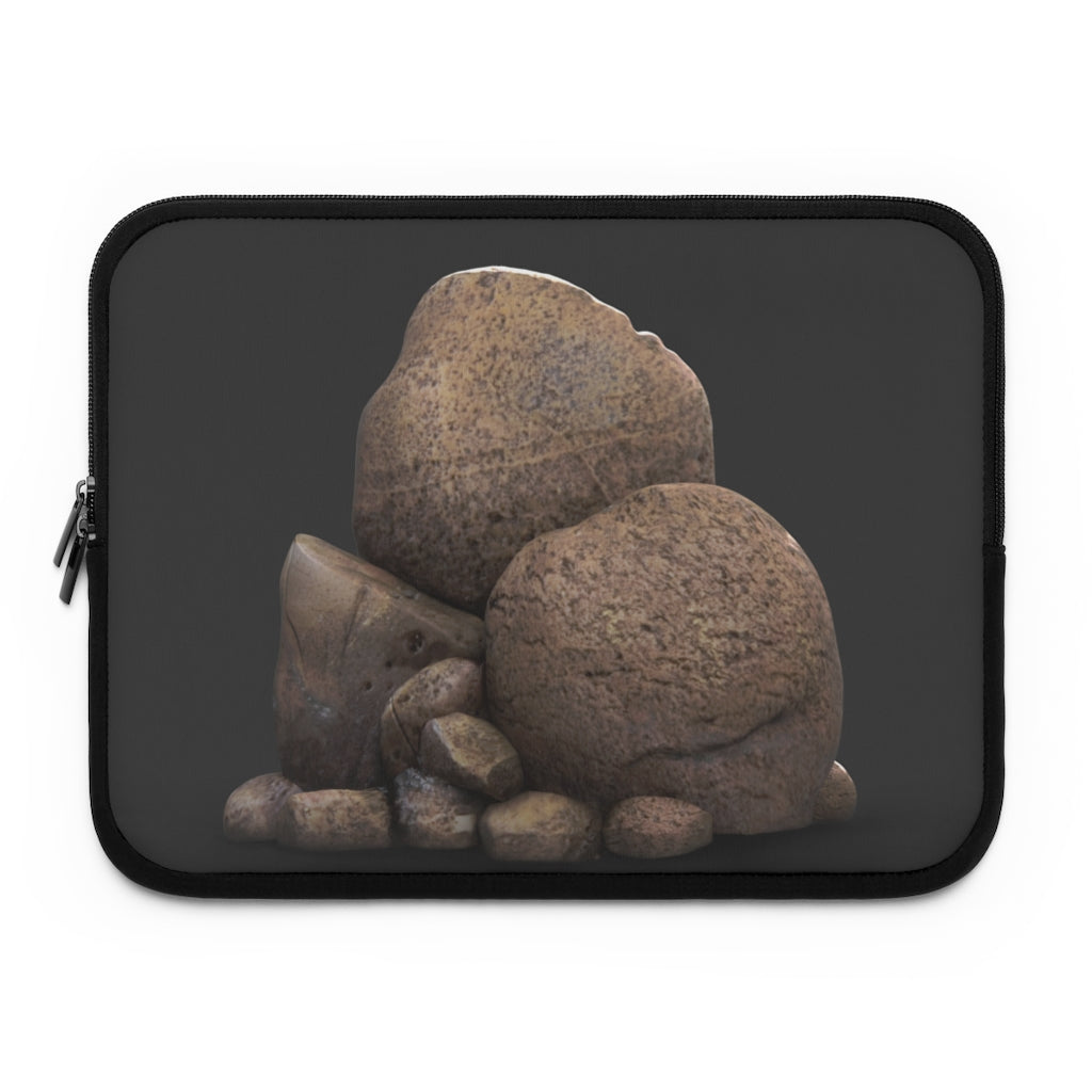 Rocks Laptop Sleeve featuring a customizable front design and solid black back, made from smooth neoprene material.