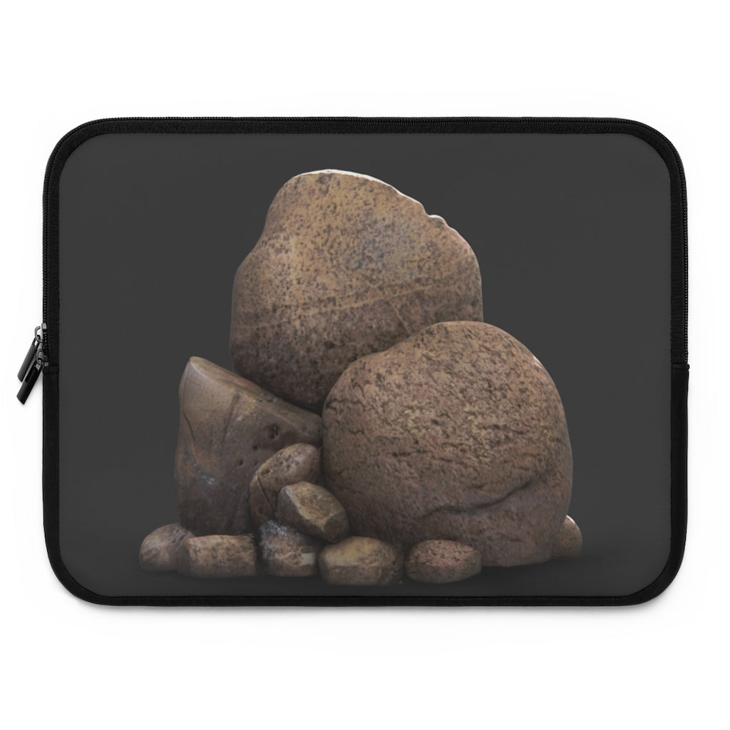 Rocks Laptop Sleeve featuring a customizable front design and solid black back, made from smooth neoprene material.