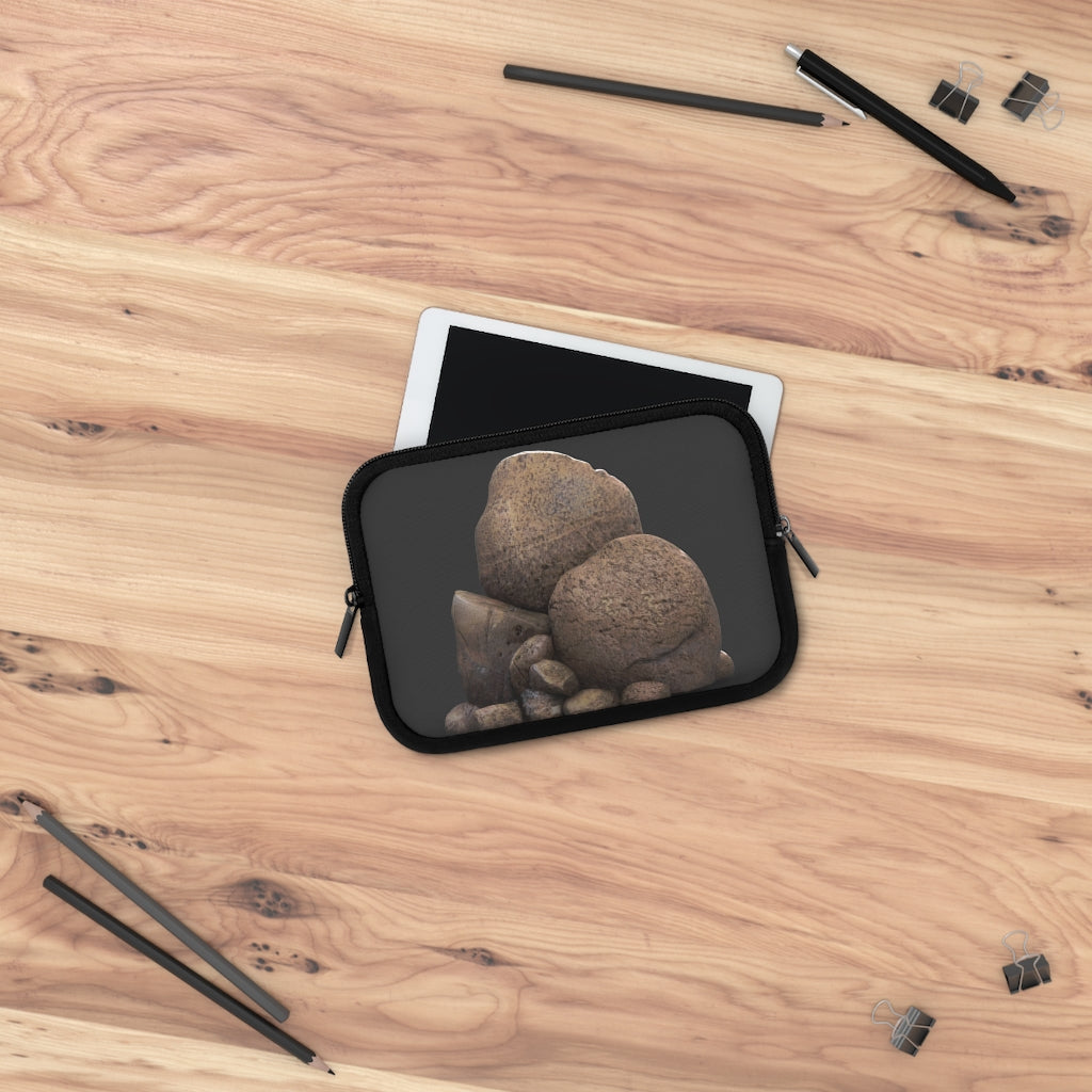 Rocks Laptop Sleeve featuring a customizable front design and solid black back, made from smooth neoprene material.