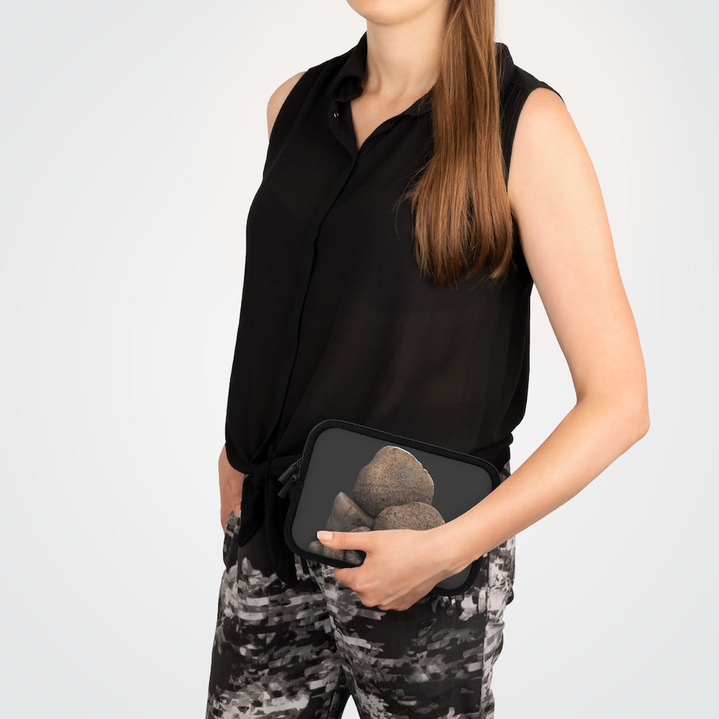 Rocks Laptop Sleeve featuring a customizable front design and solid black back, made from smooth neoprene material.