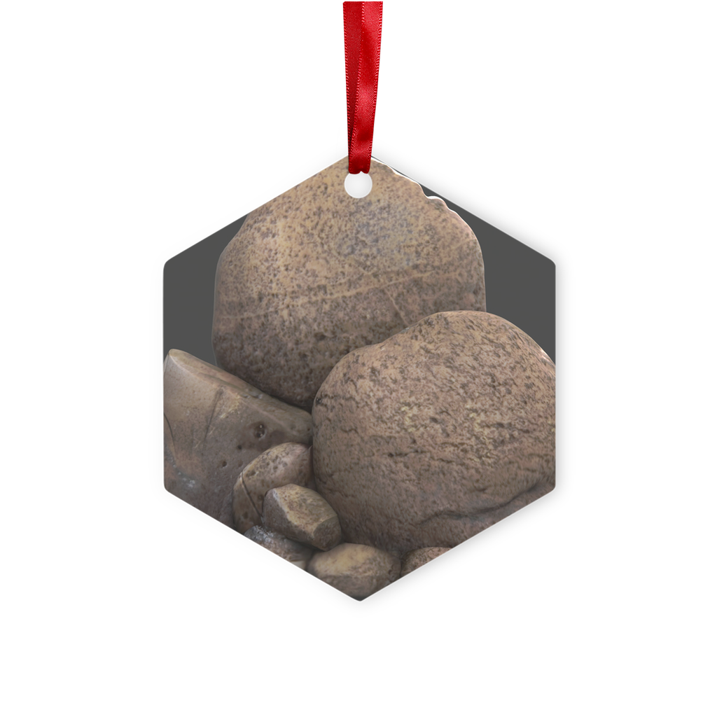 Rocks Metal Hanging Ornament in hexagon and star shapes, featuring a gloss white finish and red ribbon for hanging.