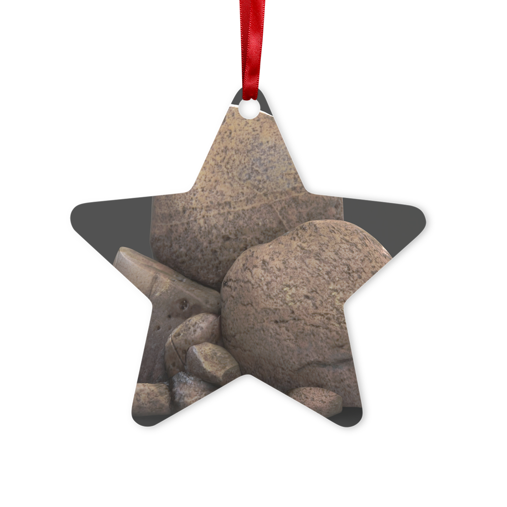 Rocks Metal Hanging Ornament in hexagon and star shapes, featuring a gloss white finish and red ribbon for hanging.