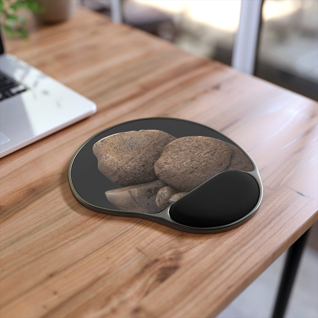 Rocks Mouse Pad with ergonomic Memory Foam wrist rest and custom-printed neoprene insert, featuring a foot-shaped black plastic base.