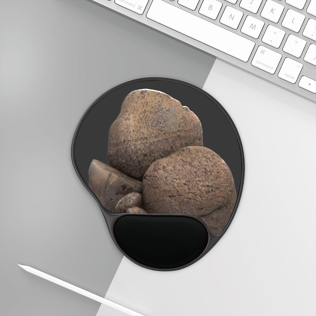 Rocks Mouse Pad with ergonomic Memory Foam wrist rest and custom-printed neoprene insert, featuring a foot-shaped black plastic base.