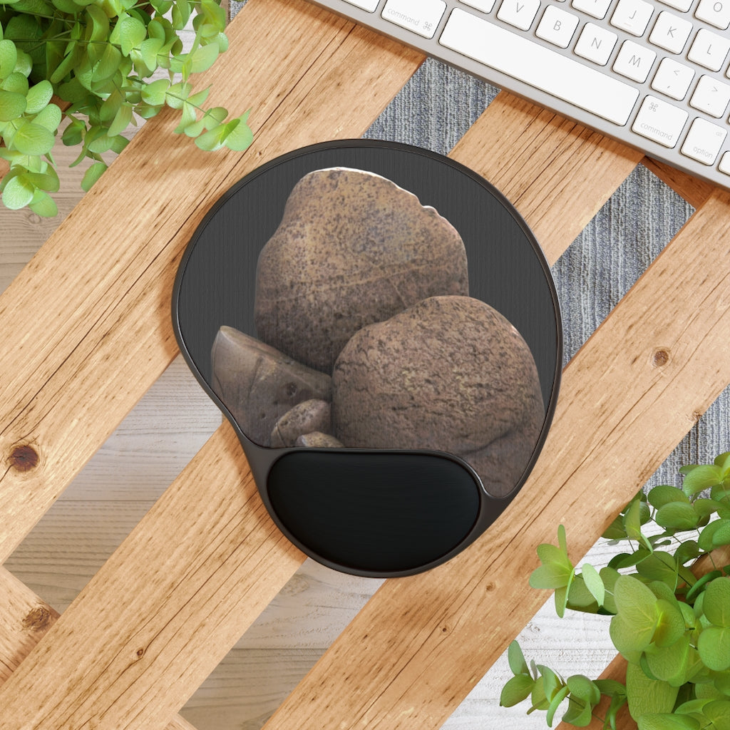 Rocks Mouse Pad with ergonomic Memory Foam wrist rest and custom-printed neoprene insert, featuring a foot-shaped black plastic base.