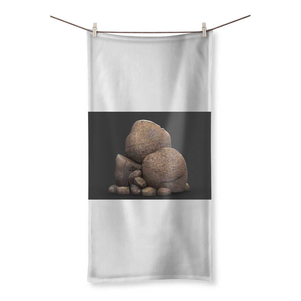 Rocks Sublimation All Over Towel featuring vibrant prints on polyester front and soft cotton back, available in various sizes.