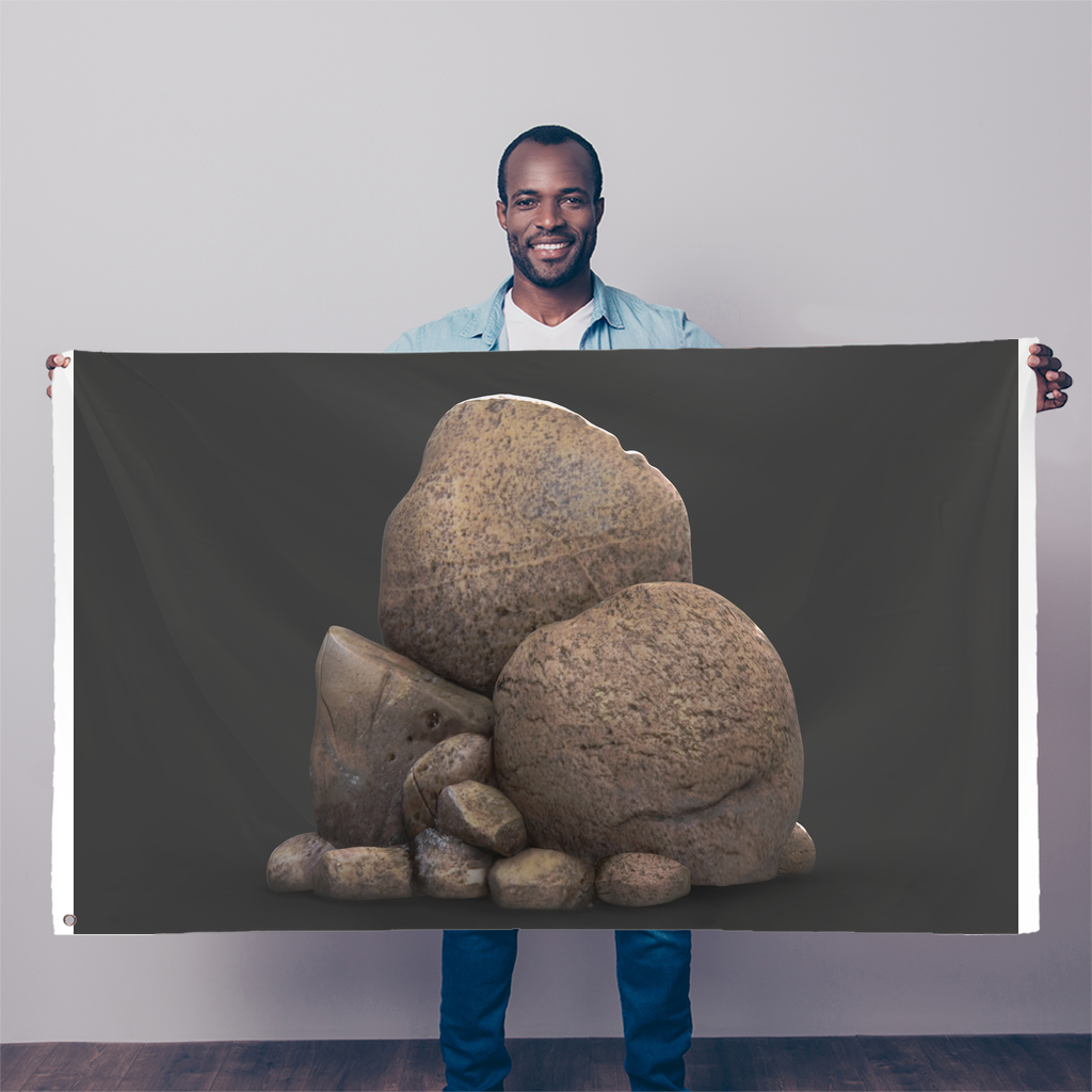 Rocks Sublimation Flag displayed outdoors, showcasing vibrant colors and double-stitched edges.