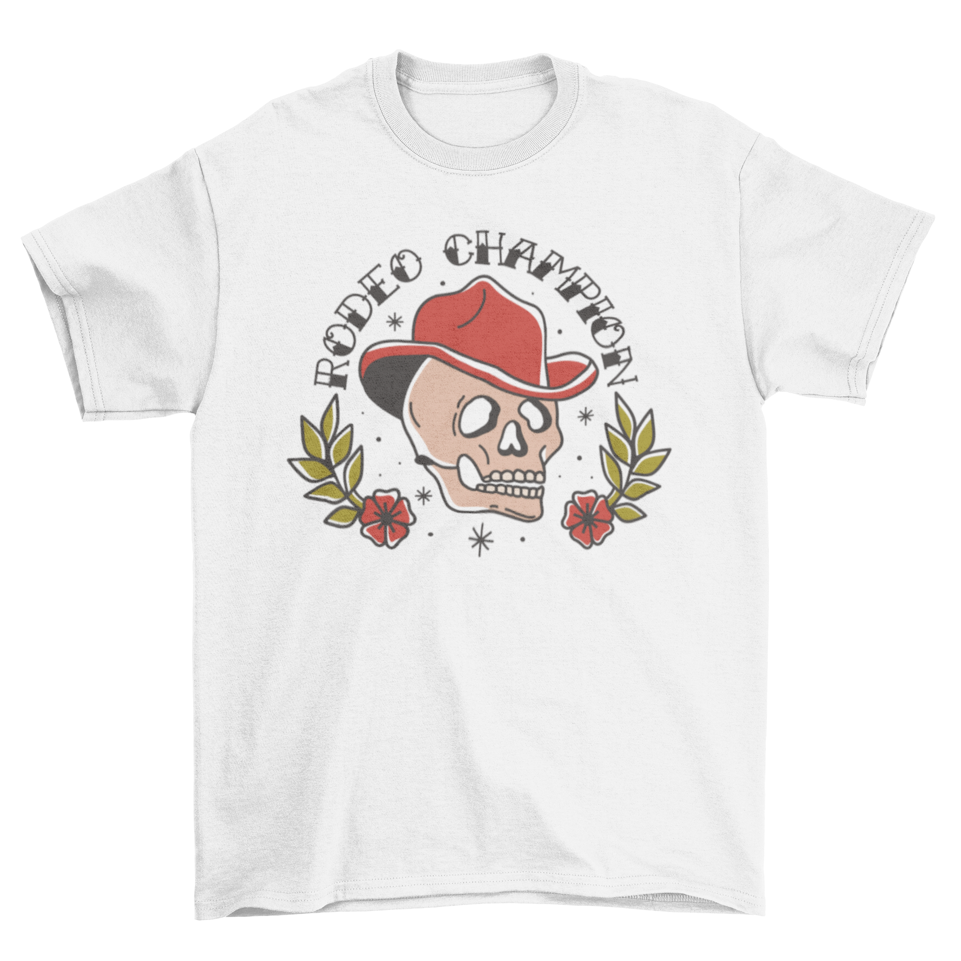 Rodeo Champion skull t-shirt featuring a skull in a cowboy hat with tattoo-style lettering.