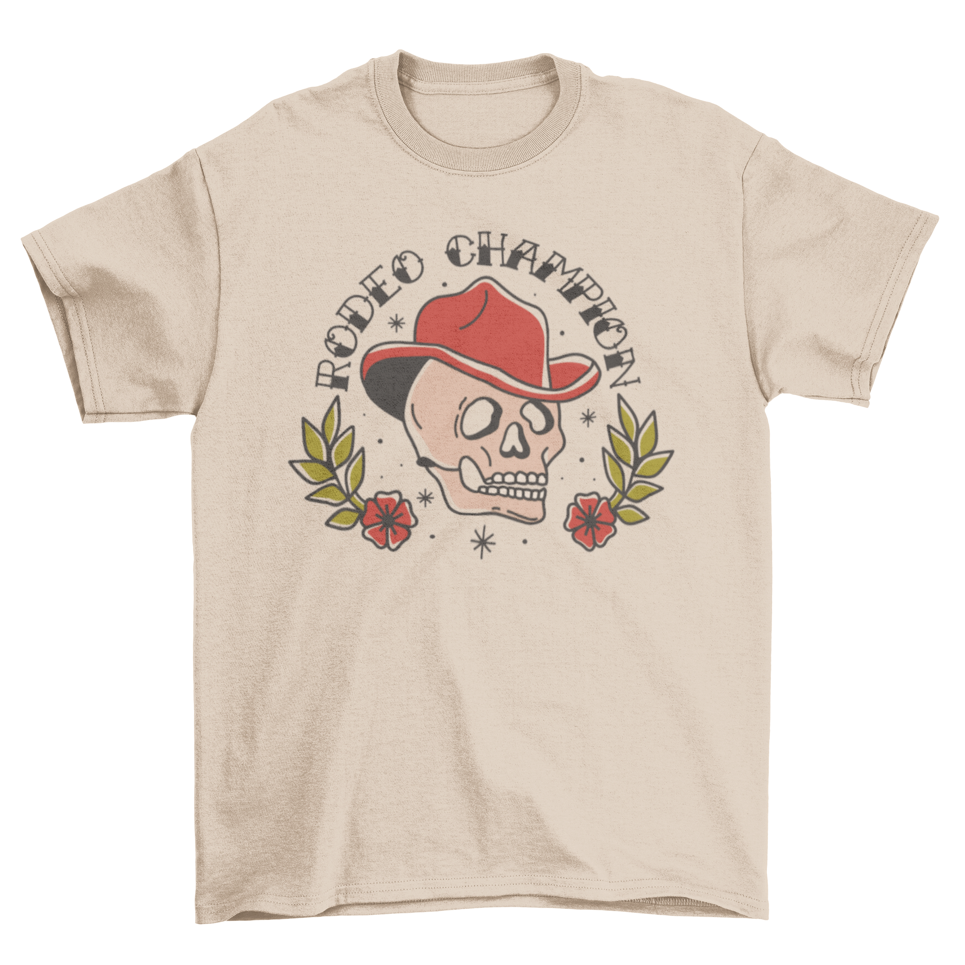 Rodeo Champion skull t-shirt featuring a skull in a cowboy hat with tattoo-style lettering.