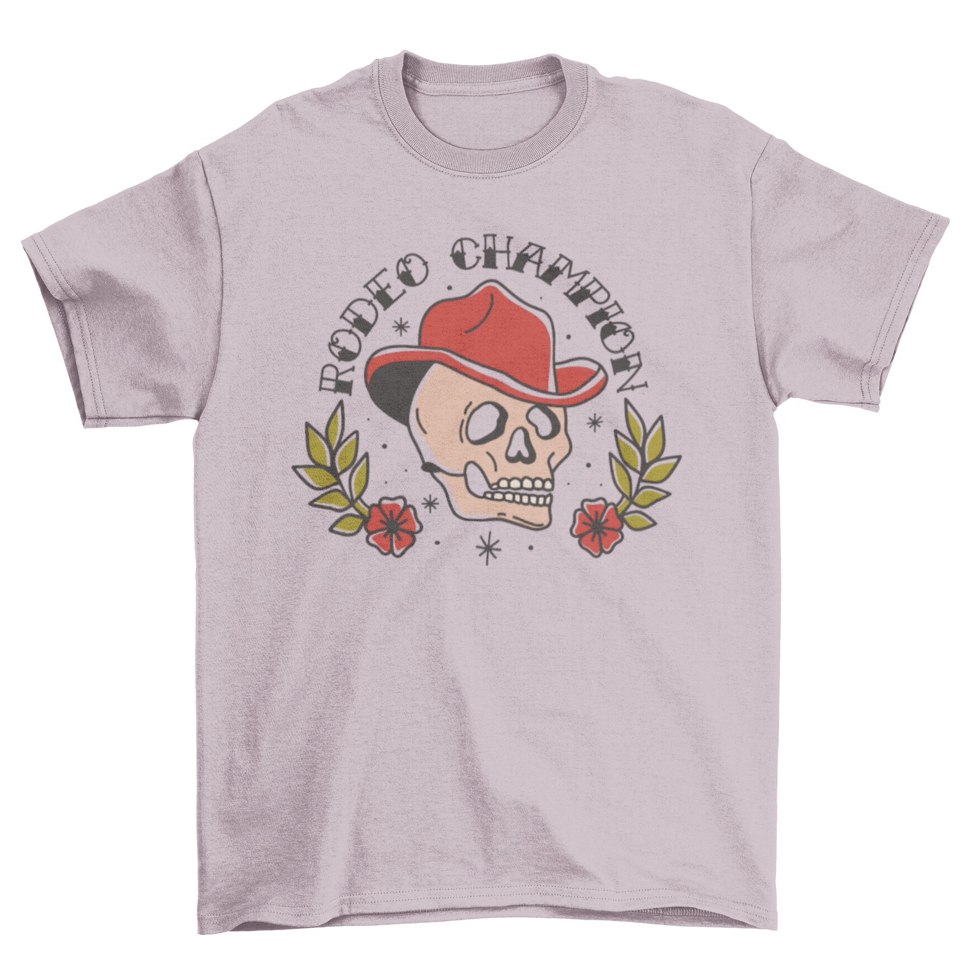 Rodeo Champion skull t-shirt featuring a skull in a cowboy hat with tattoo-style lettering.