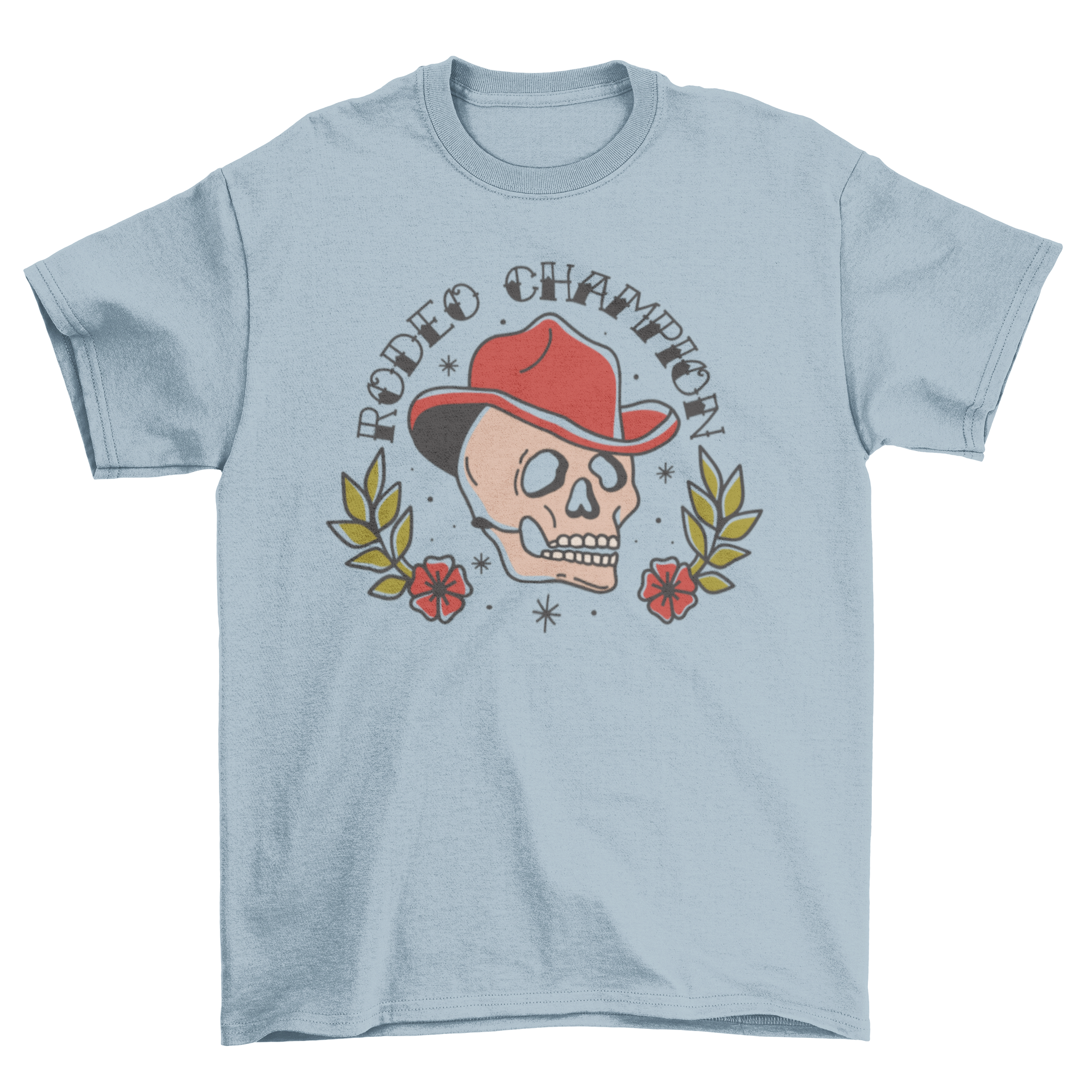 Rodeo Champion skull t-shirt featuring a skull in a cowboy hat with tattoo-style lettering.