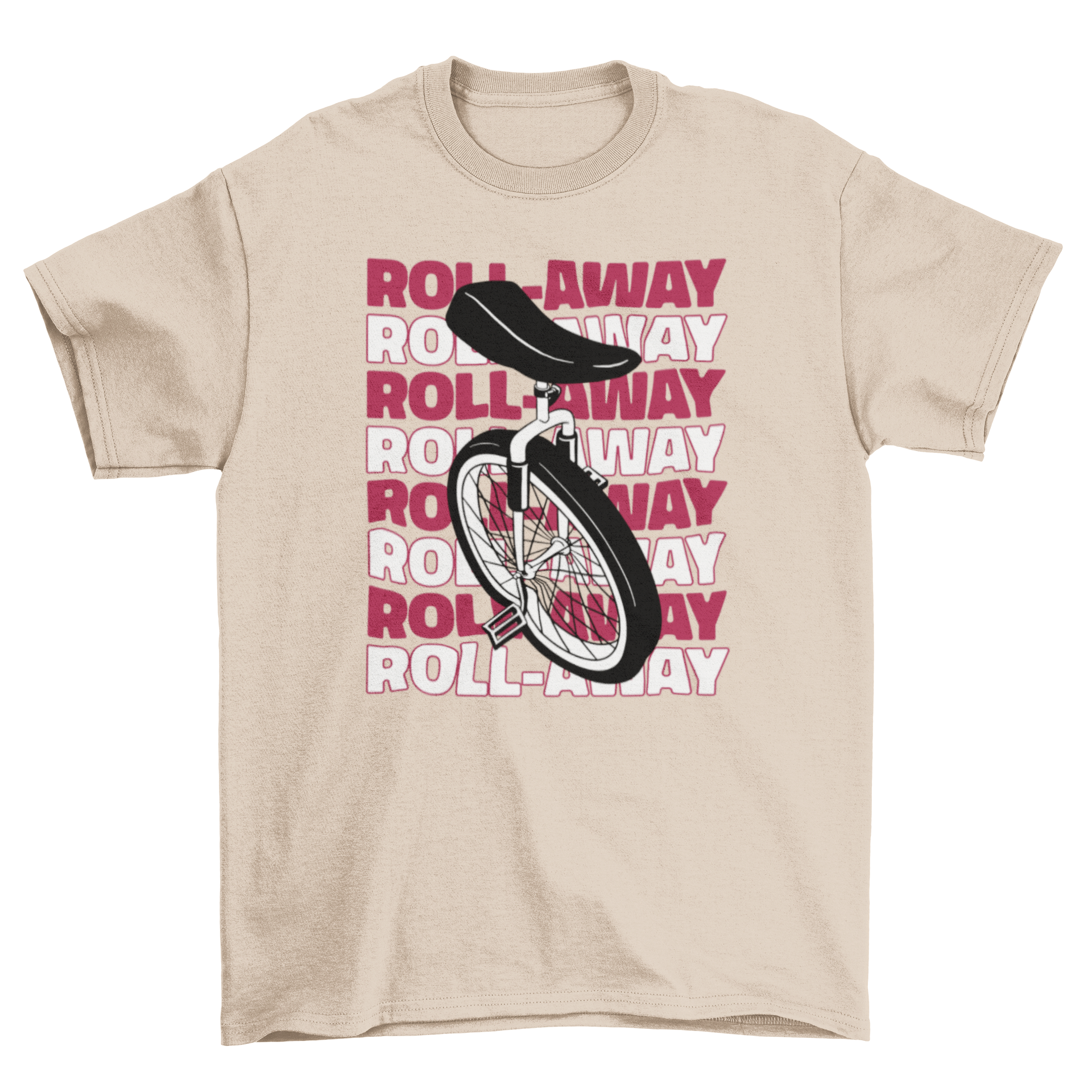 A stylish t-shirt featuring a vibrant monocycle illustration and the quote 'Roll-away', perfect for circus fans.