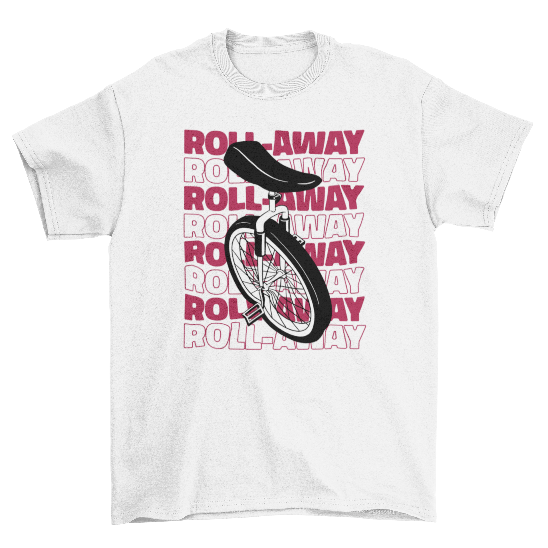 A stylish t-shirt featuring a vibrant monocycle illustration and the quote 'Roll-away', perfect for circus fans.