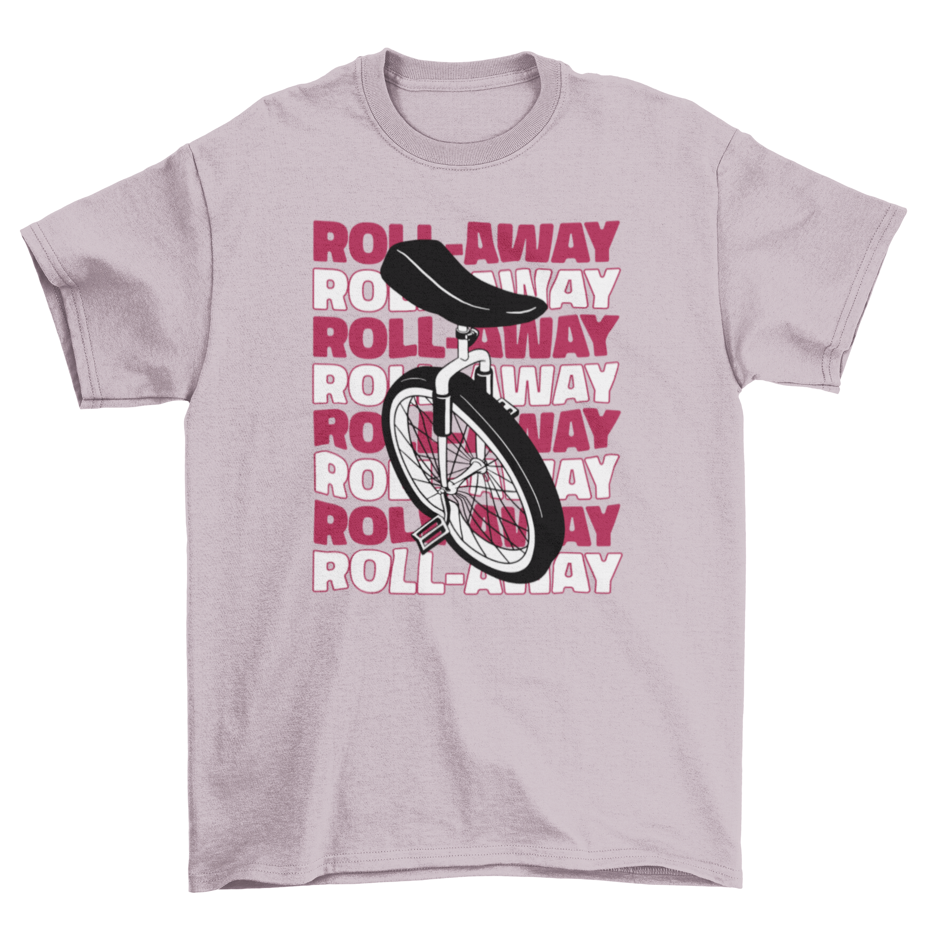 A stylish t-shirt featuring a vibrant monocycle illustration and the quote 'Roll-away', perfect for circus fans.