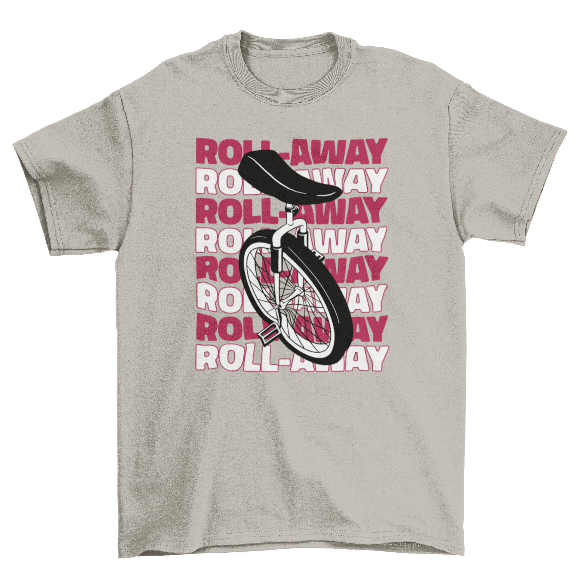 A stylish t-shirt featuring a vibrant monocycle illustration and the quote 'Roll-away', perfect for circus fans.