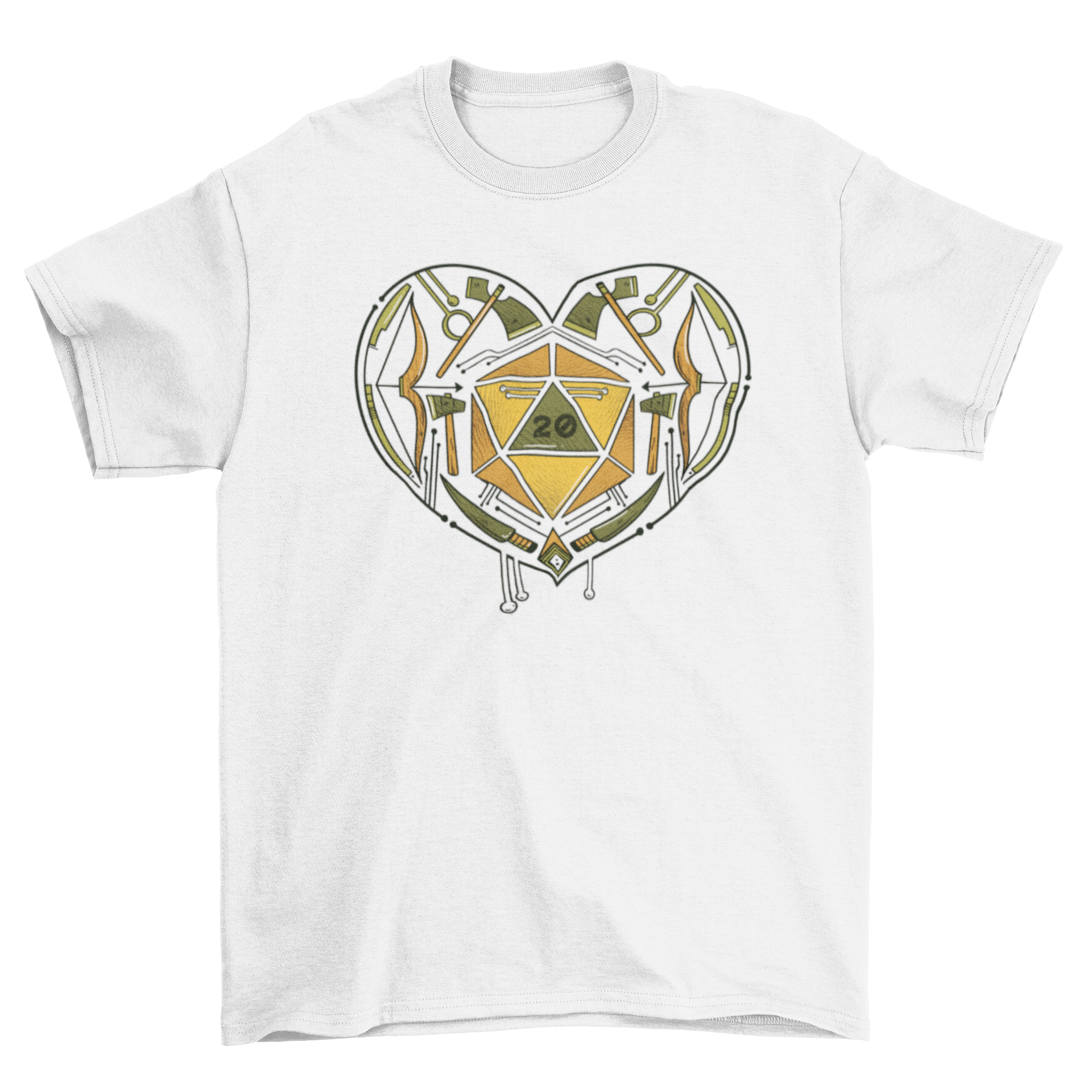 A stylish T-shirt featuring a heart design with role-playing game dice inside, perfect for gamers.