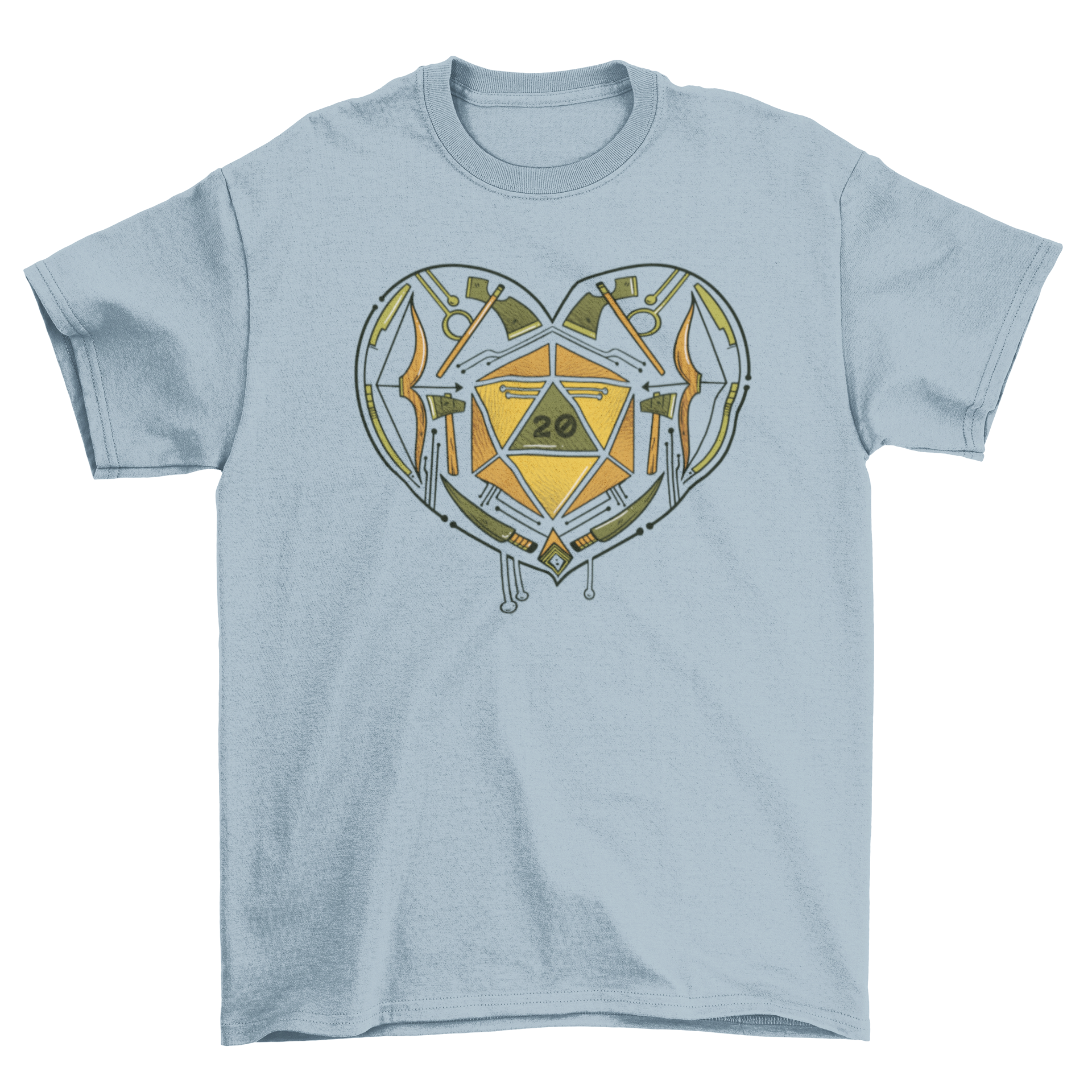 A stylish T-shirt featuring a heart design with role-playing game dice inside, perfect for gamers.