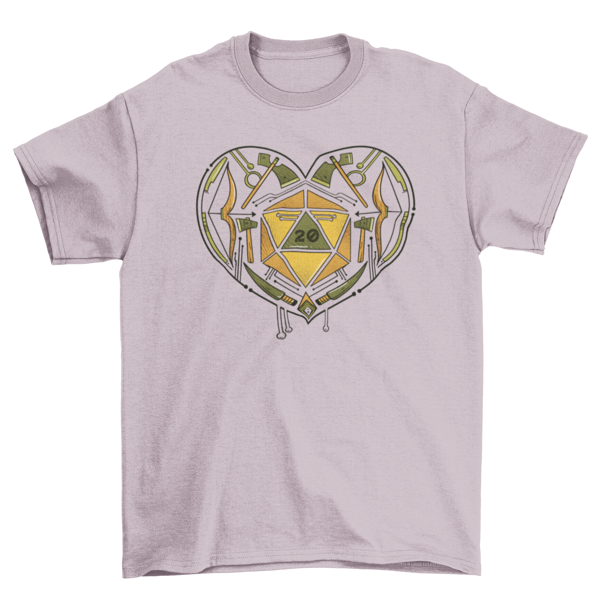 A stylish T-shirt featuring a heart design with role-playing game dice inside, perfect for gamers.