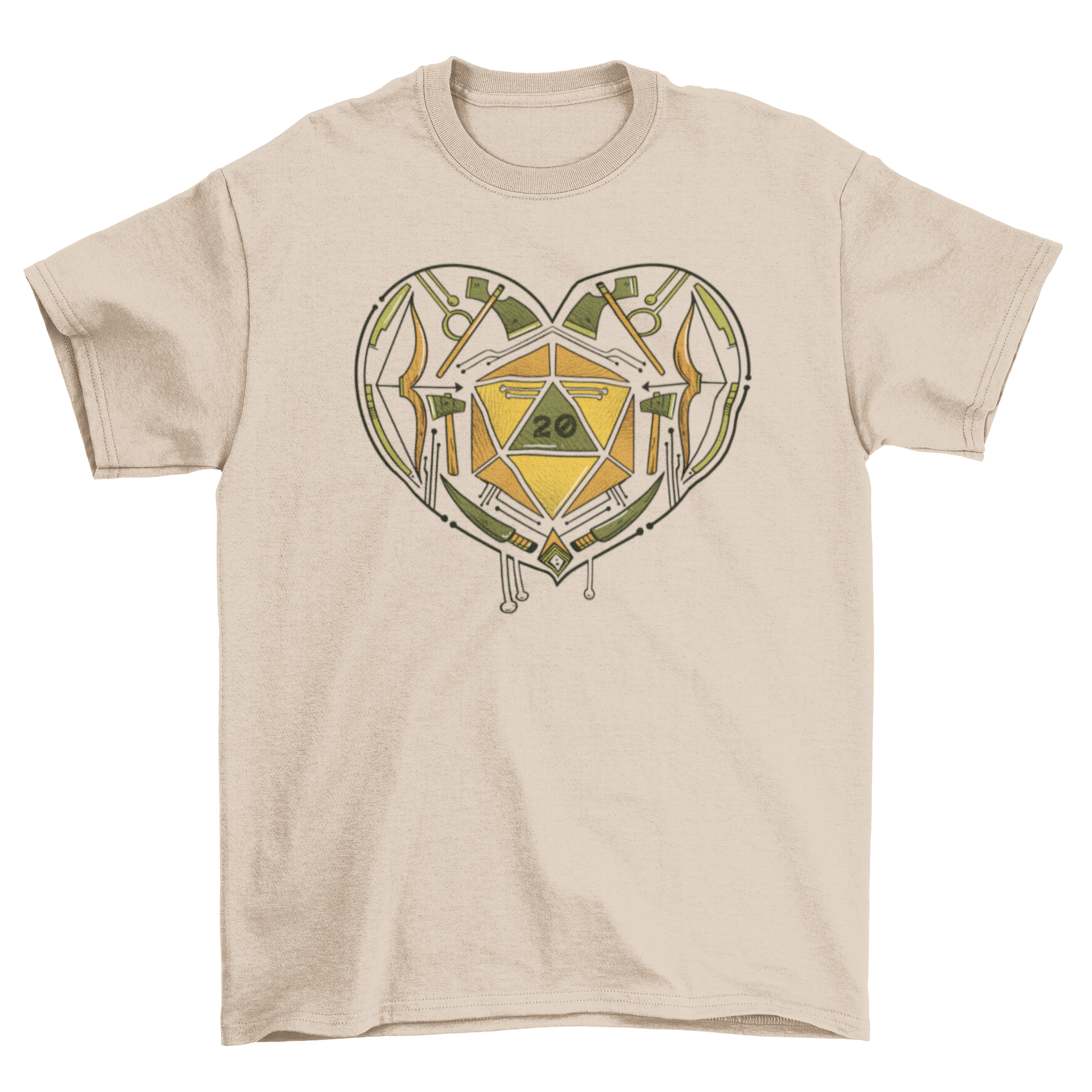 A stylish T-shirt featuring a heart design with role-playing game dice inside, perfect for gamers.