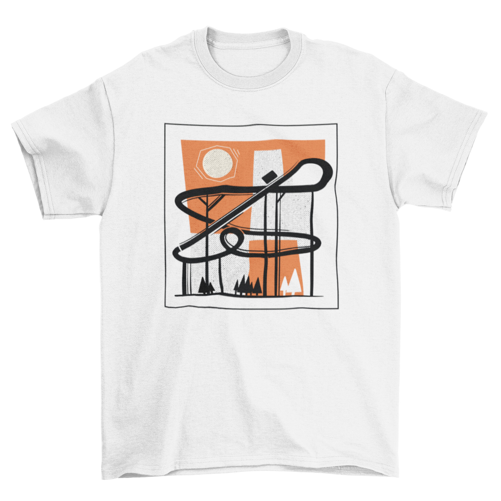 A stylish roller coaster t-shirt featuring an abstract design of a roller coaster, perfect for theme park enthusiasts.