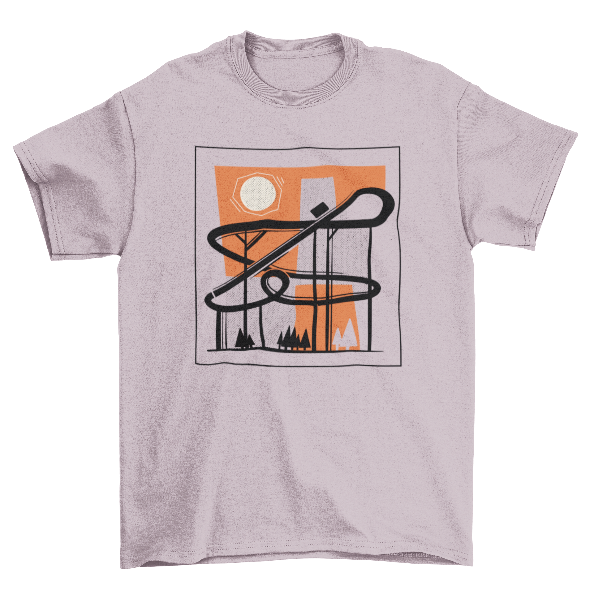 A stylish roller coaster t-shirt featuring an abstract design of a roller coaster, perfect for theme park enthusiasts.