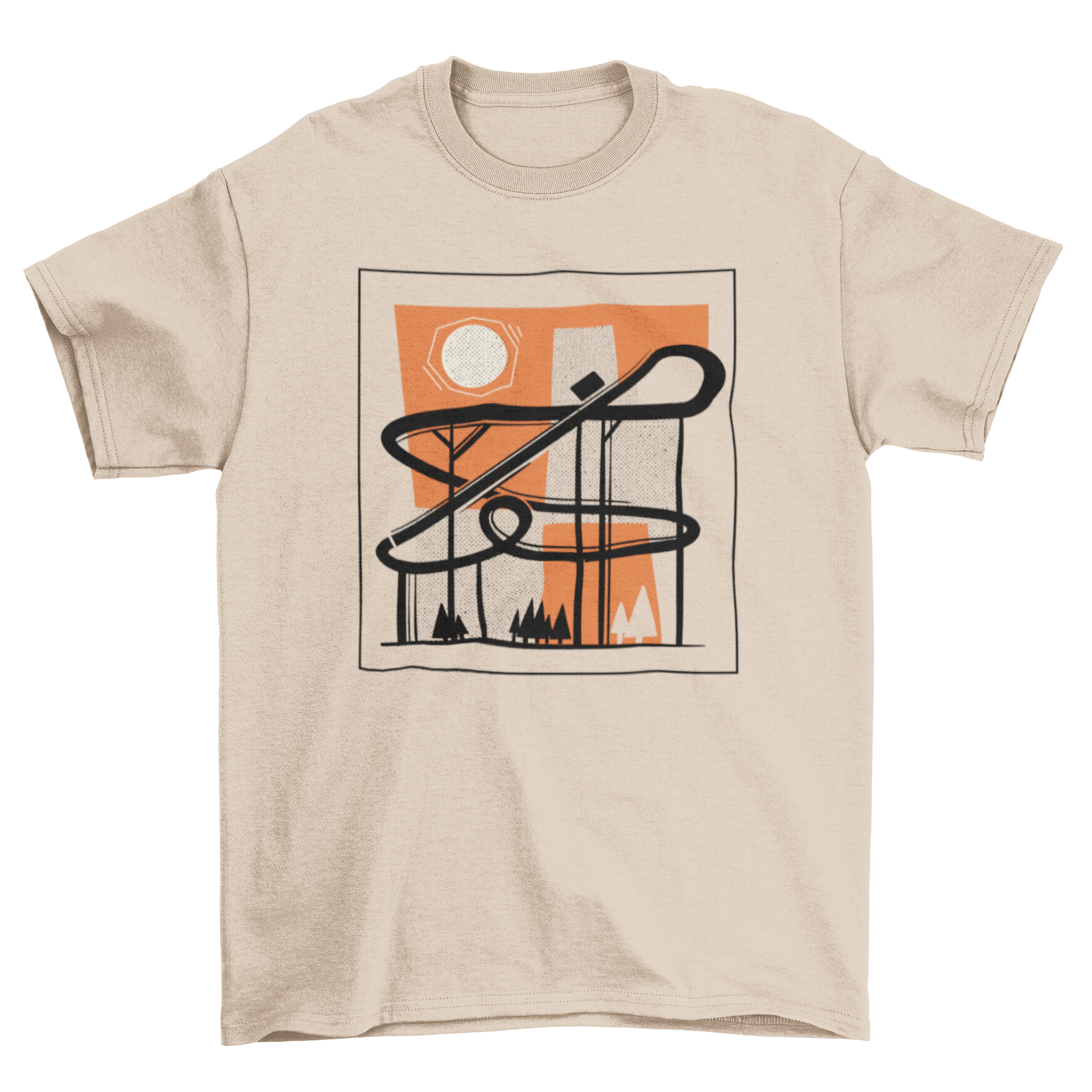 A stylish roller coaster t-shirt featuring an abstract design of a roller coaster, perfect for theme park enthusiasts.