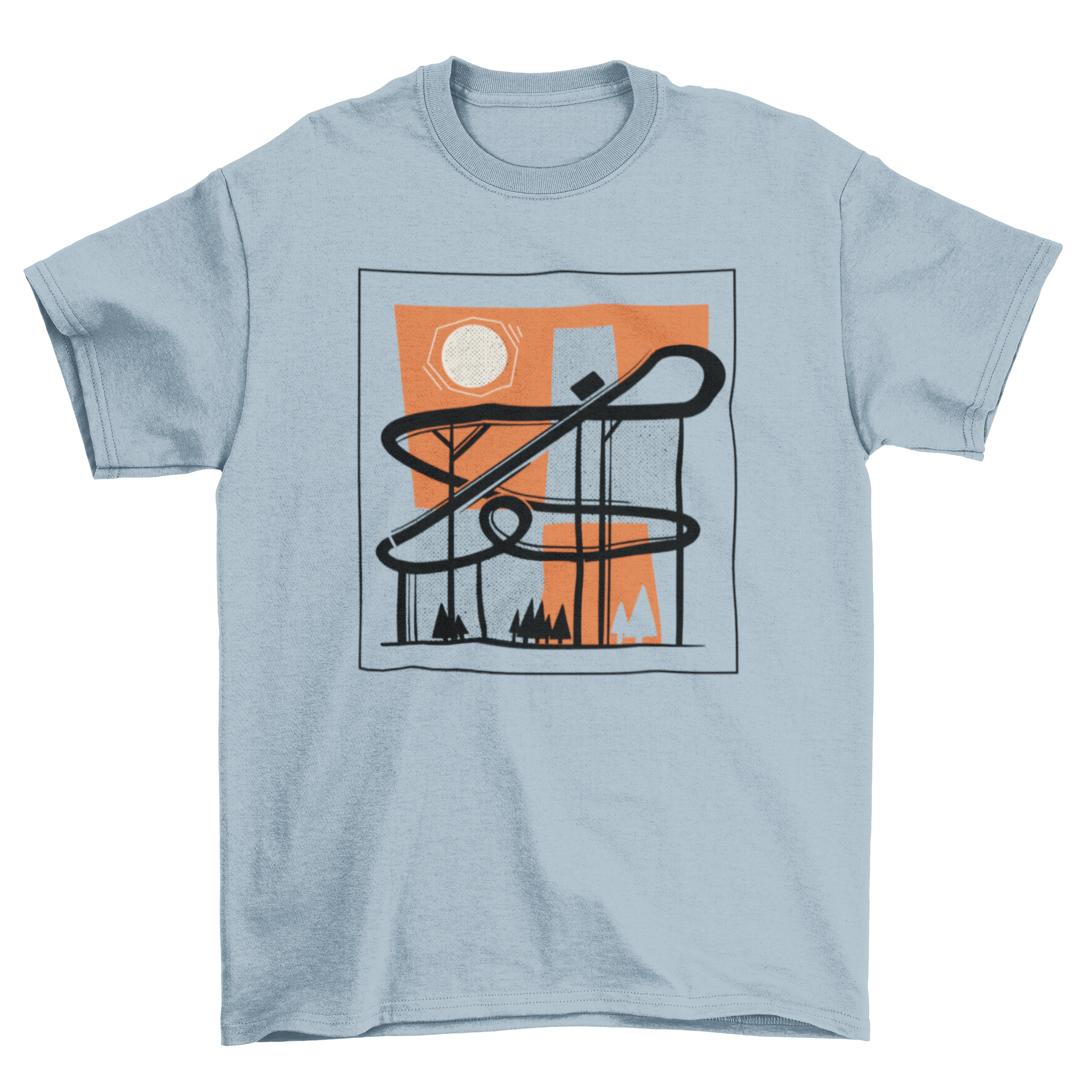 A stylish roller coaster t-shirt featuring an abstract design of a roller coaster, perfect for theme park enthusiasts.