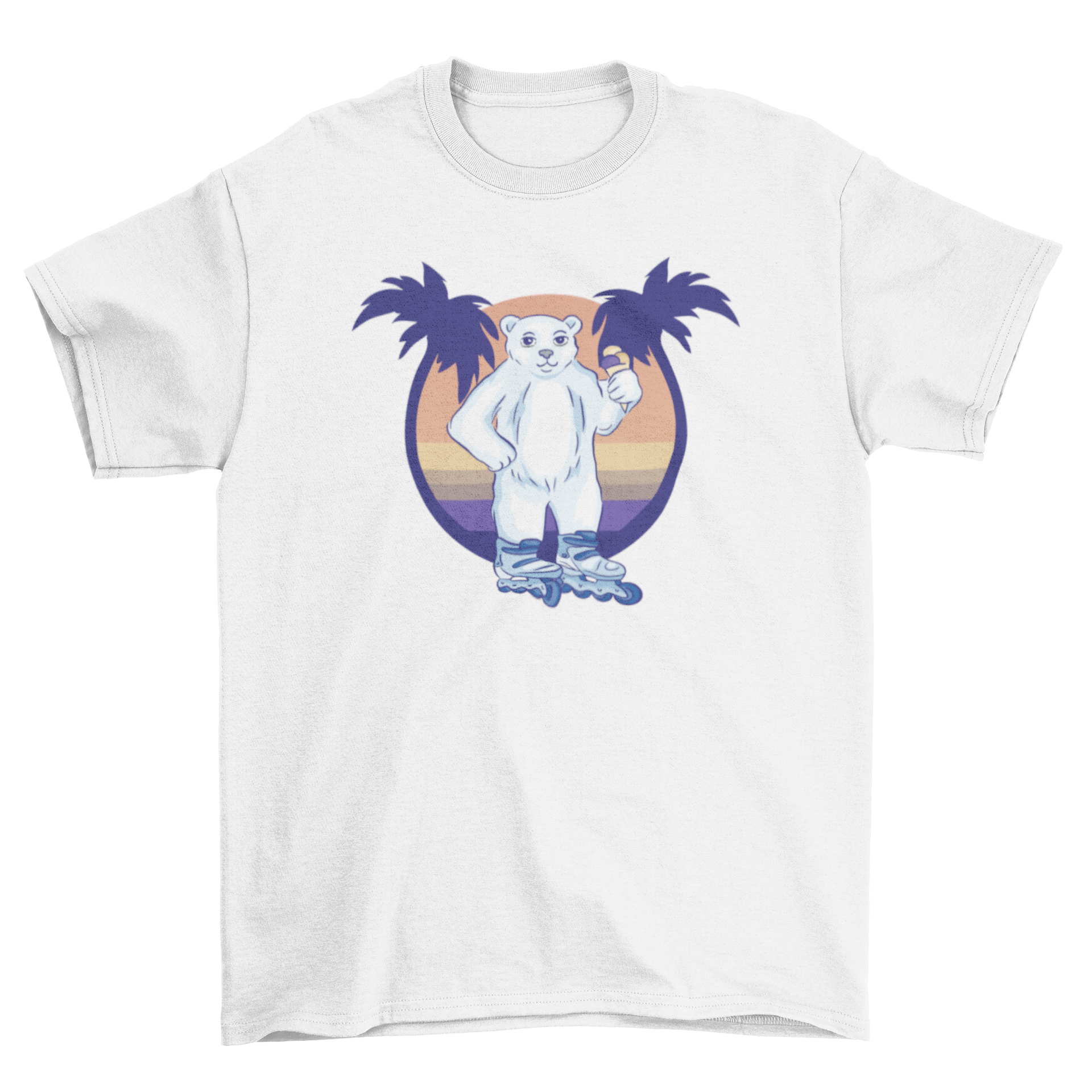 A playful t-shirt featuring a polar bear on roller skates, enjoying ice cream on a beach.