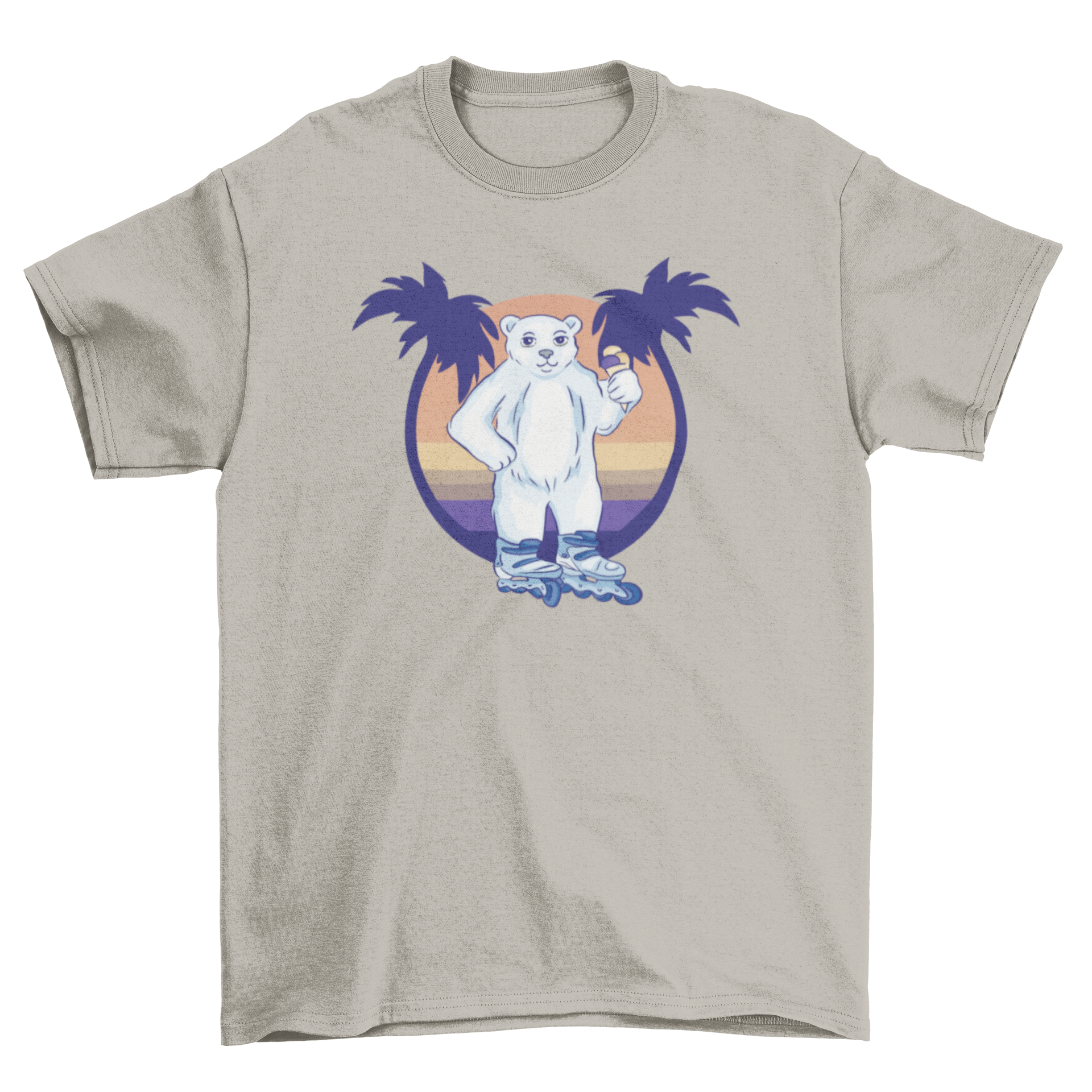 A playful t-shirt featuring a polar bear on roller skates, enjoying ice cream on a beach.