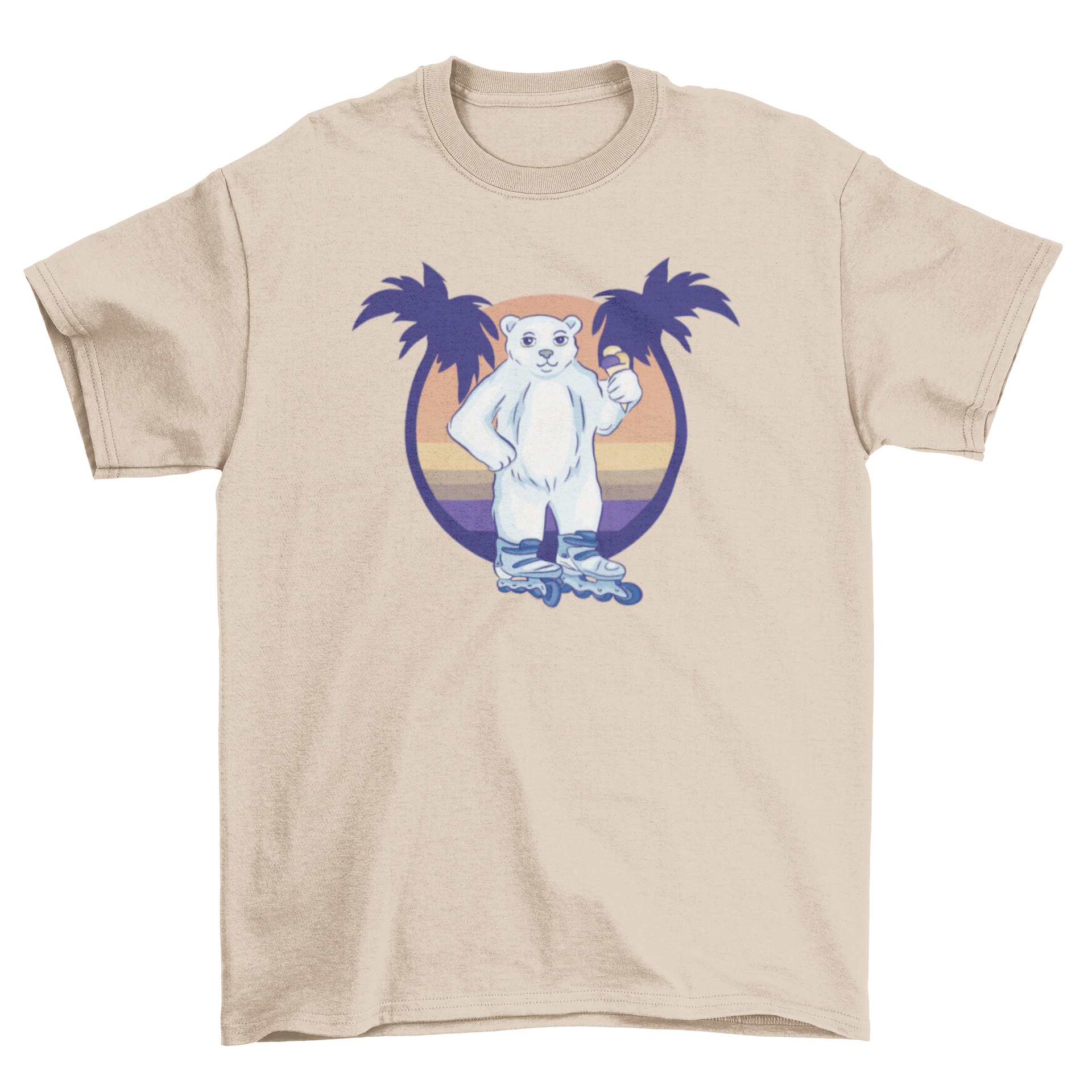 A playful t-shirt featuring a polar bear on roller skates, enjoying ice cream on a beach.