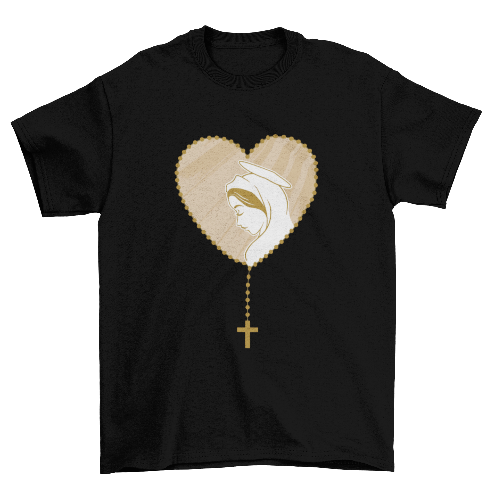 Rosary Virgin Mary T-shirt featuring a detailed graphic of a rosary and Virgin Mary image, perfect for expressing faith.