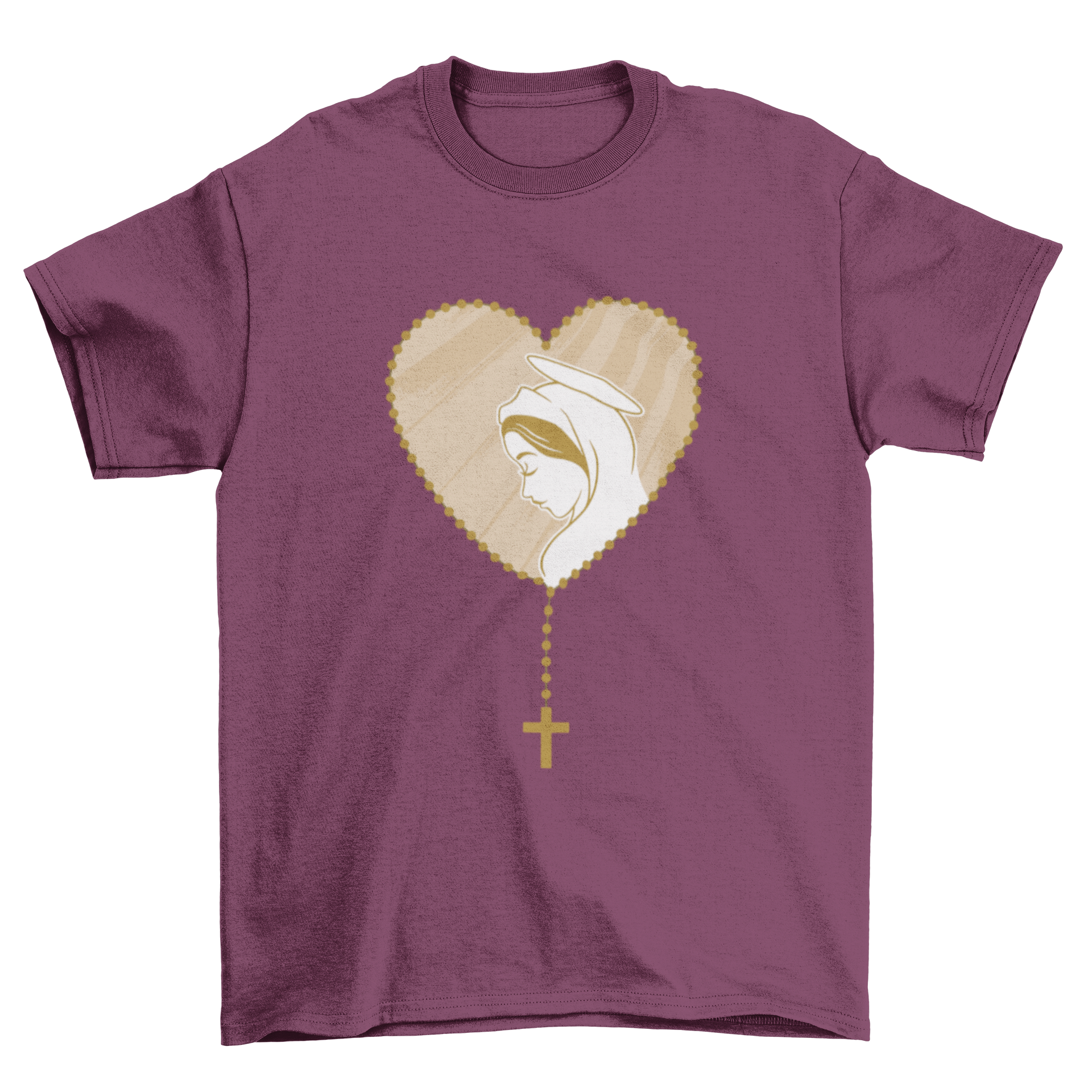 Rosary Virgin Mary T-shirt featuring a detailed graphic of a rosary and Virgin Mary image, perfect for expressing faith.