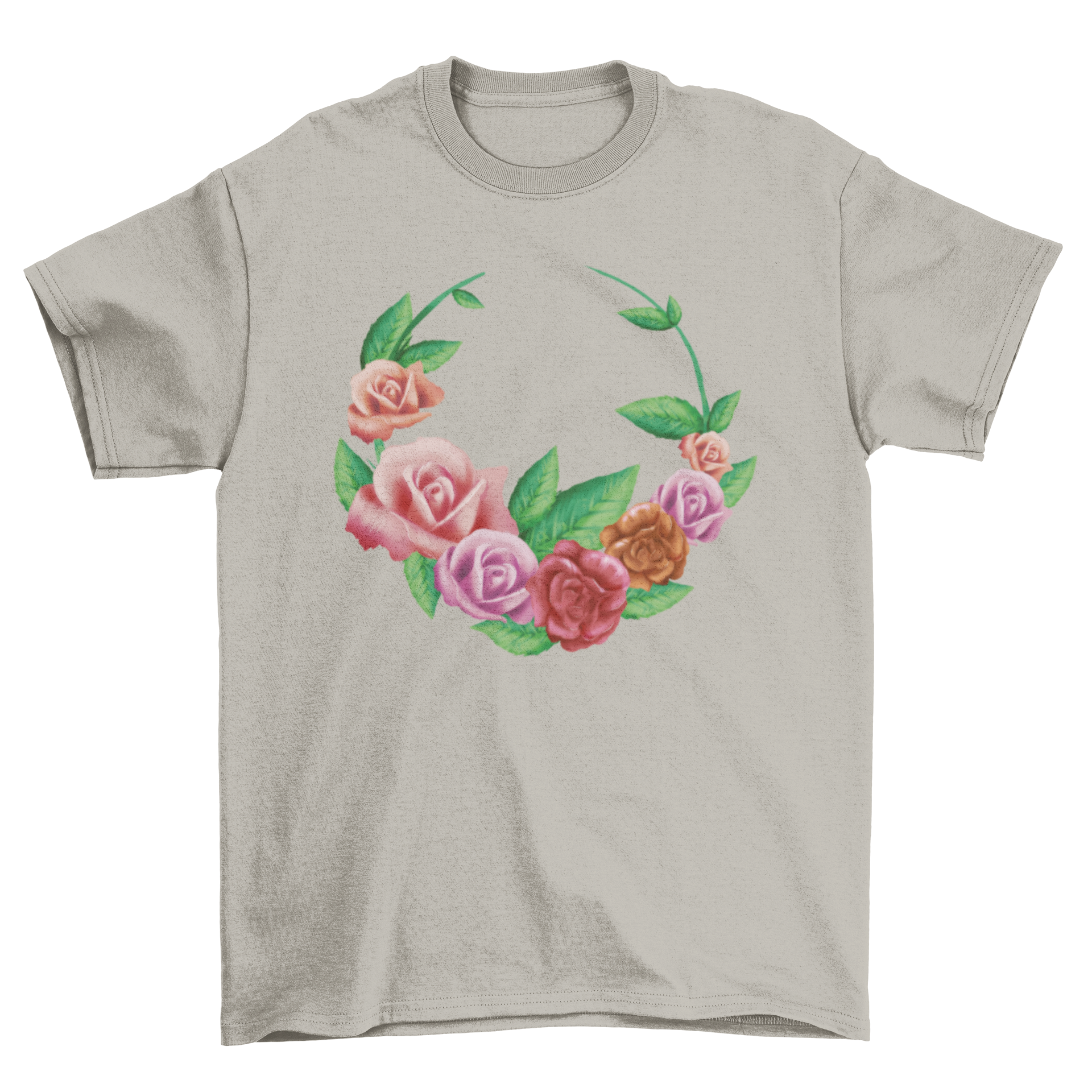 A stylish t-shirt featuring a crown design made of vibrant roses and green leaves, perfect for casual wear.