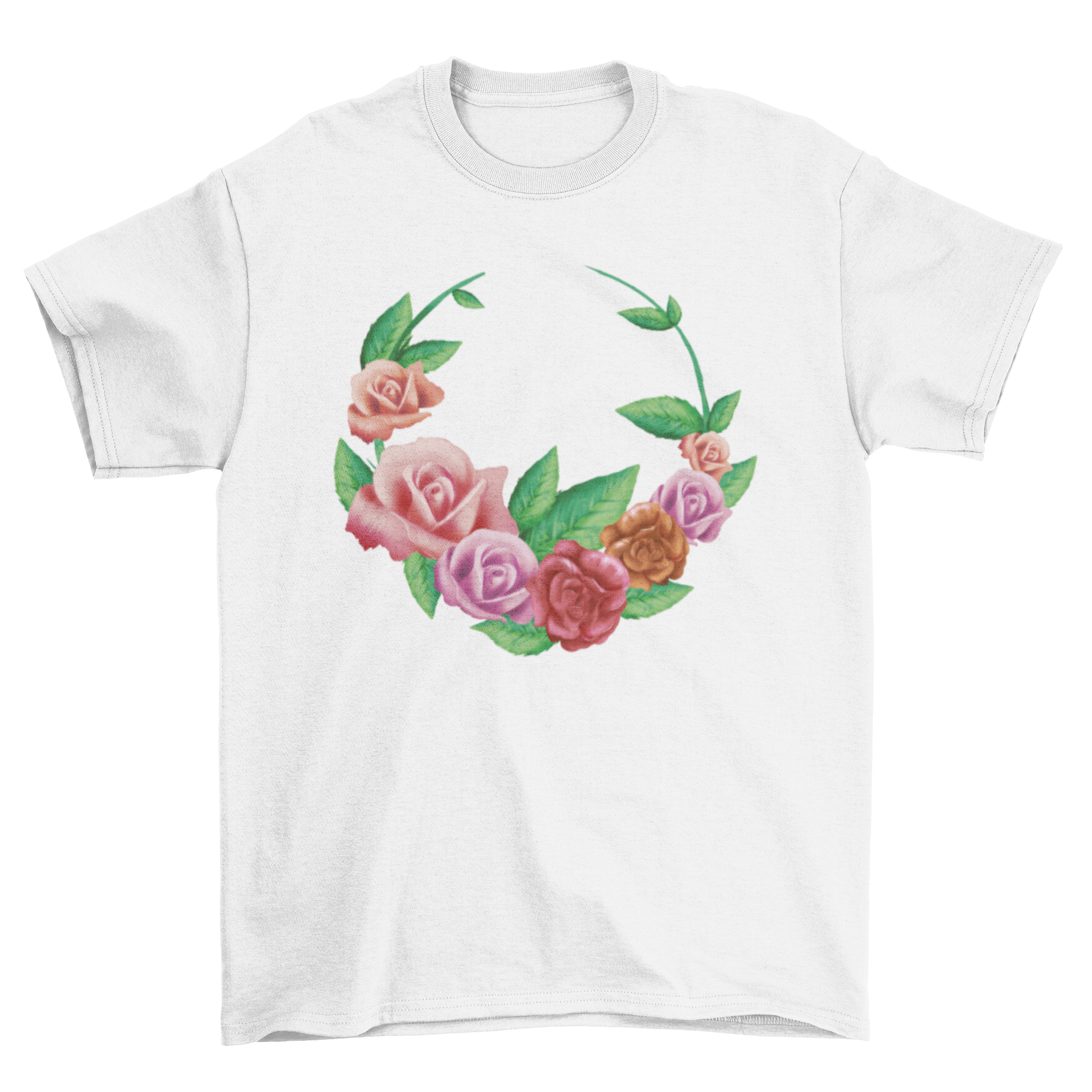 A stylish t-shirt featuring a crown design made of vibrant roses and green leaves, perfect for casual wear.