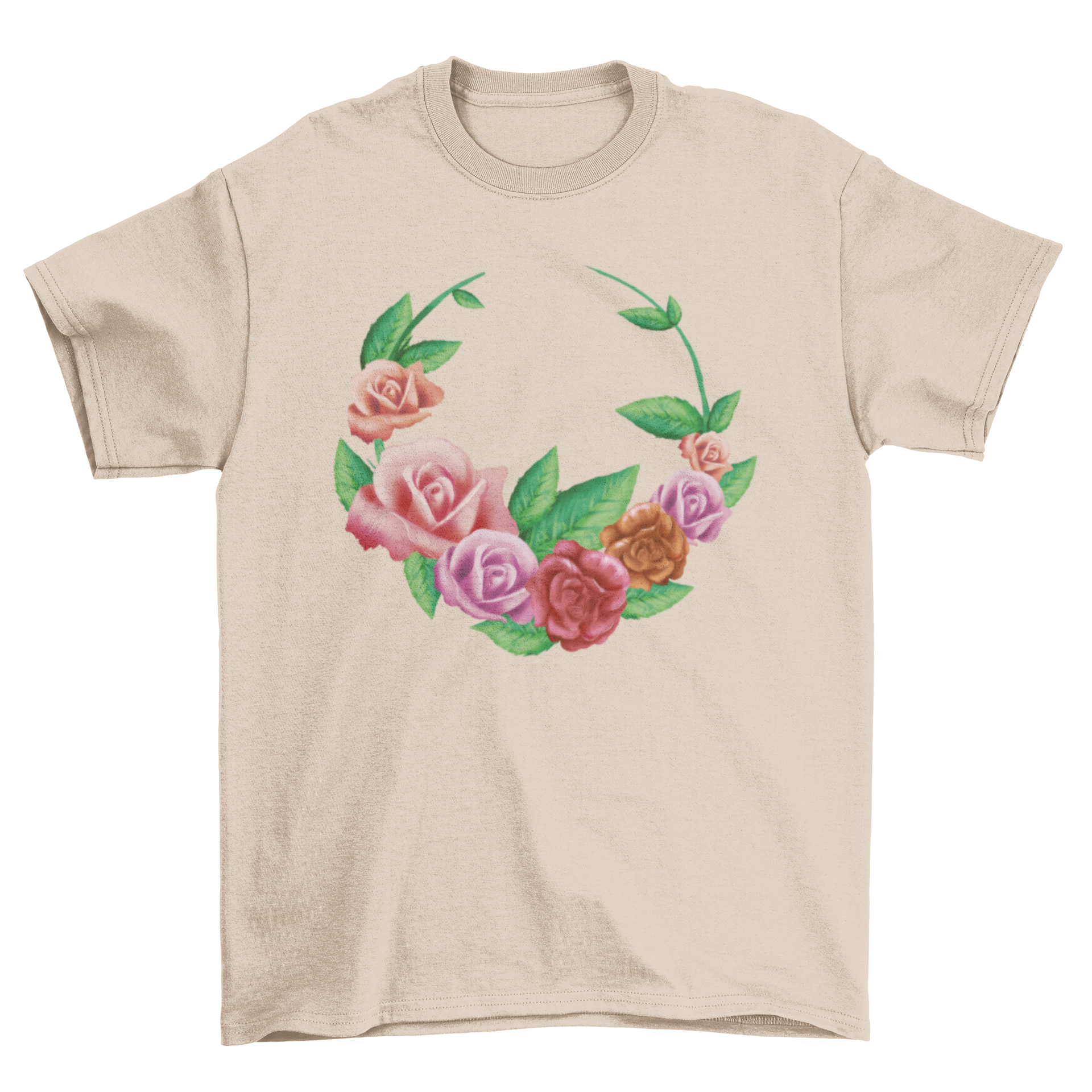 A stylish t-shirt featuring a crown design made of vibrant roses and green leaves, perfect for casual wear.